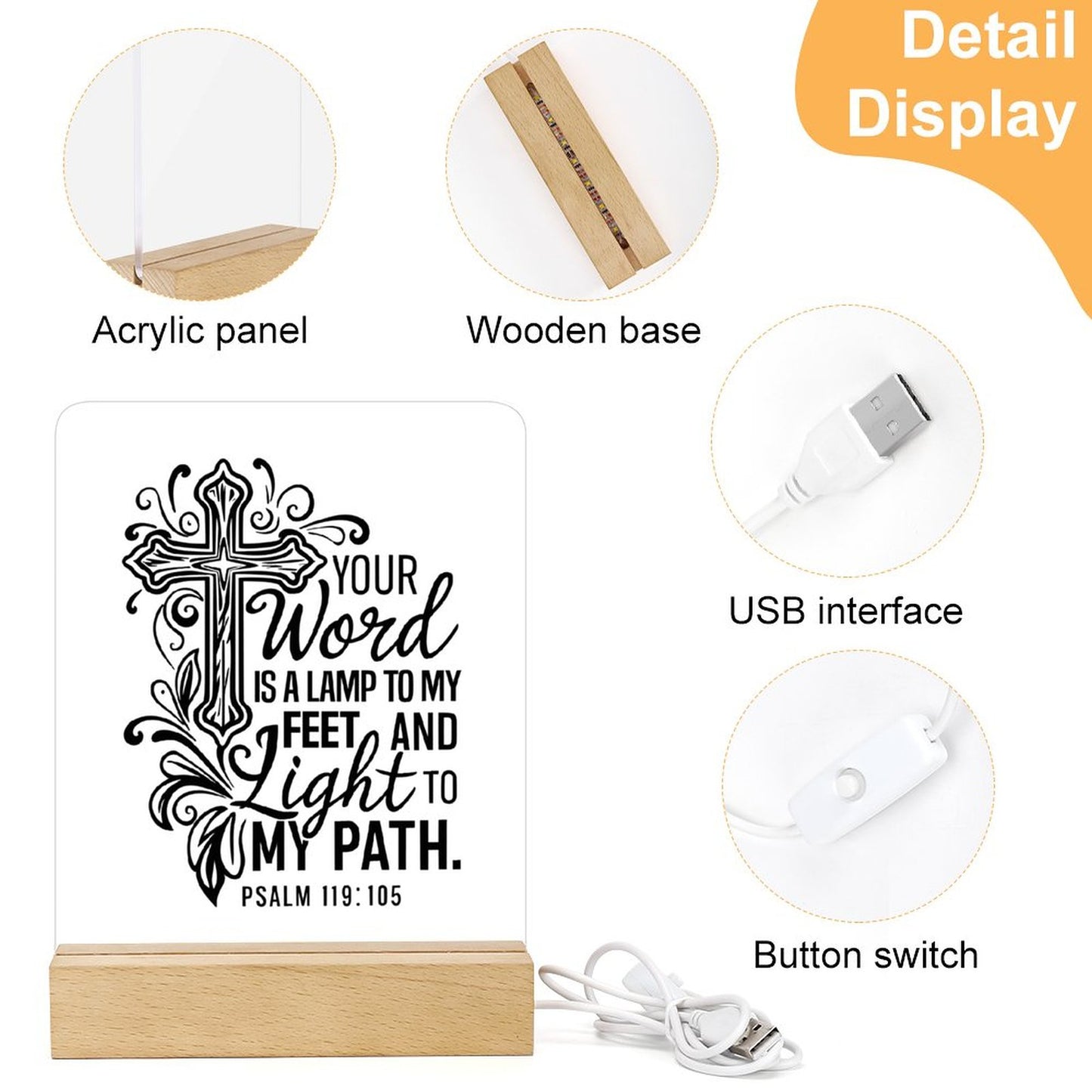 Your Word Is A Lamp To My Feet And Light To My Path Christian Acrylic Night Light with Wooden Base Christian Gift Idea