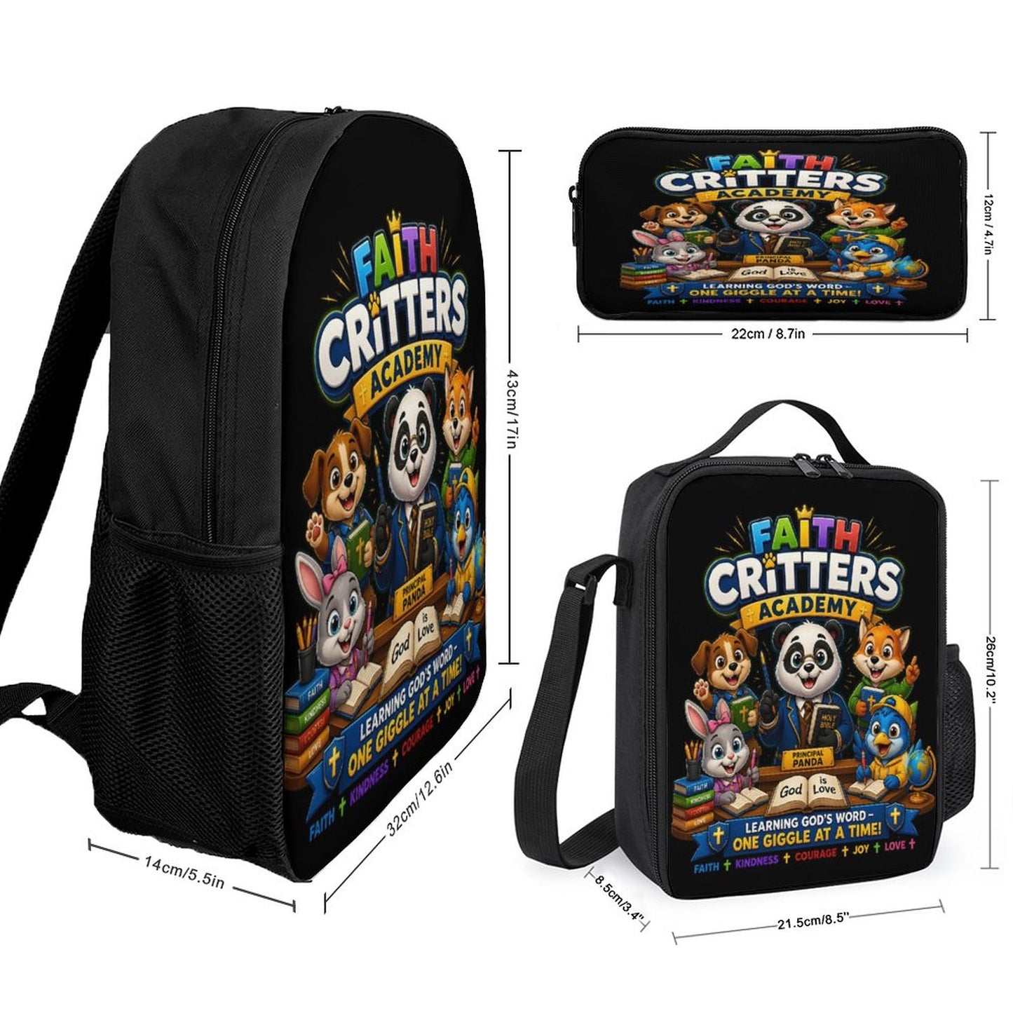 Faith Critters Academy Christian 3 PCS Bag Set (Backpack, Lunch Bag and Pencil Case) - ClaimedbyGodDesigns