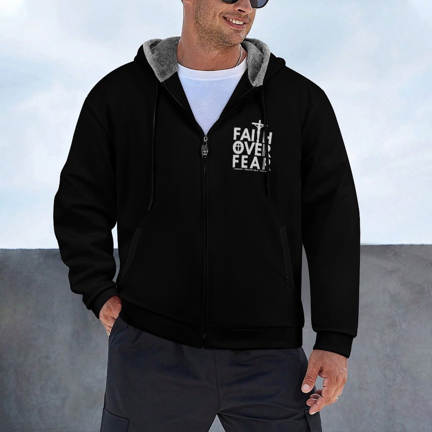 Faith Over Fear Full Zip up Pullover Hooded Sweatshirt with Plush Lining