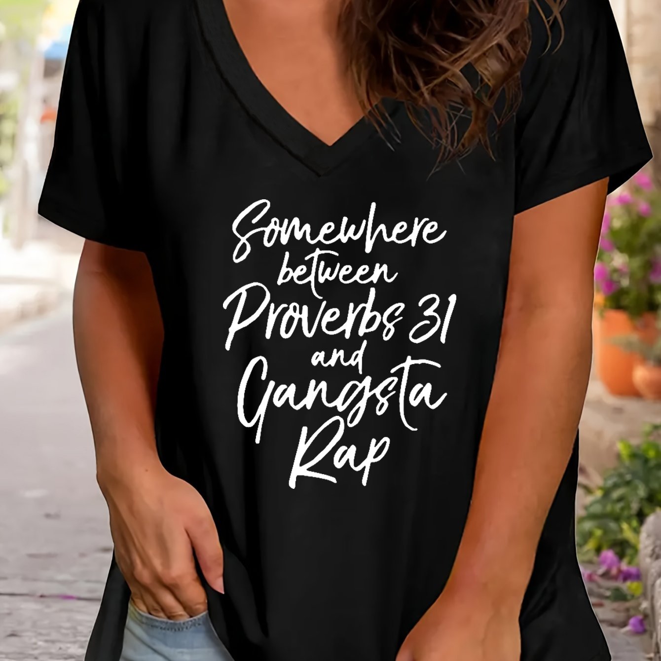 Somewhere Between Proverbs 31 and Gangsta Rap Plus Size Women's Christian V Neck T-Shirt claimedbygoddesigns