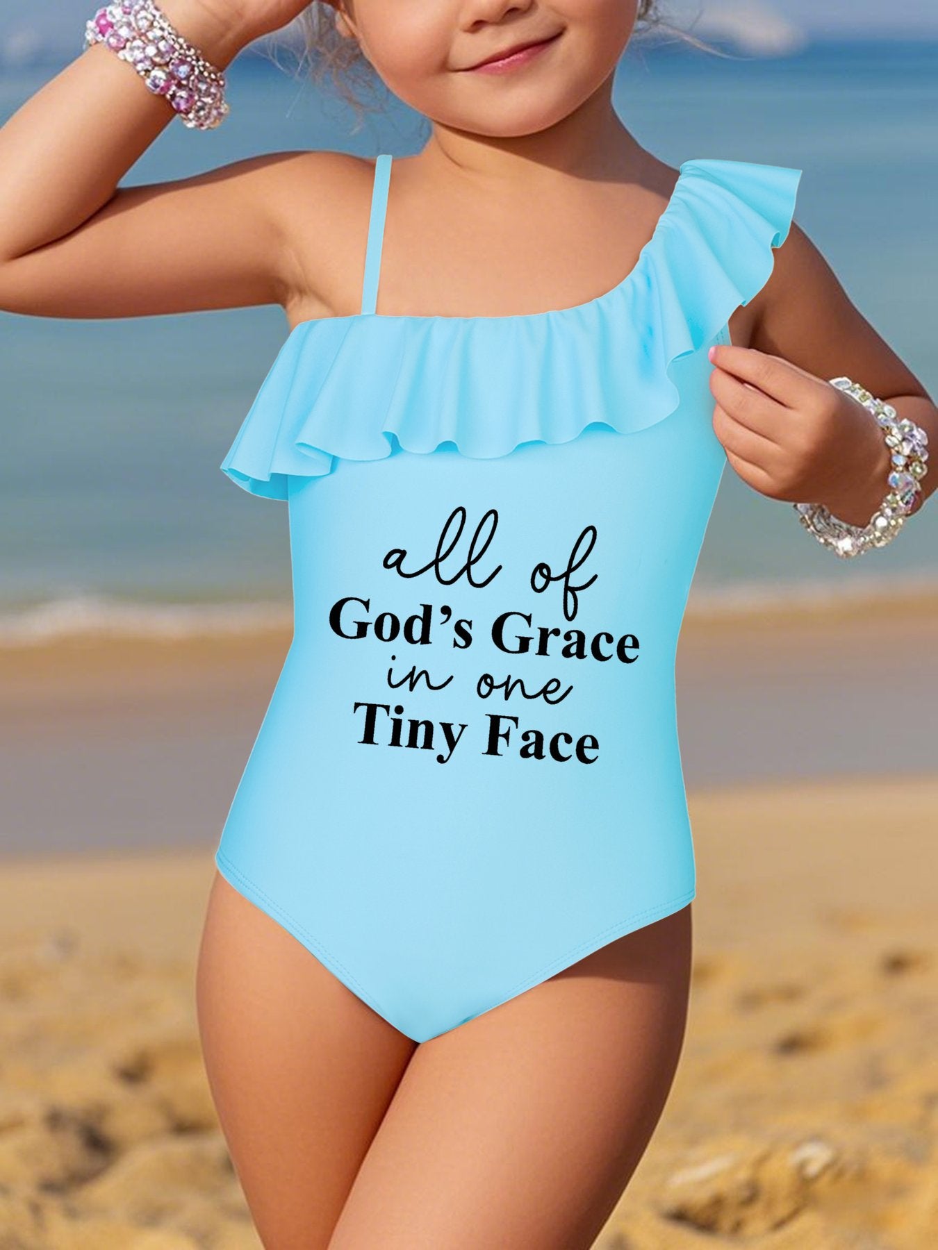 All Of His Grace In One Tiny Face Kid's Christian Swimsuit - ClaimedbyGodDesigns