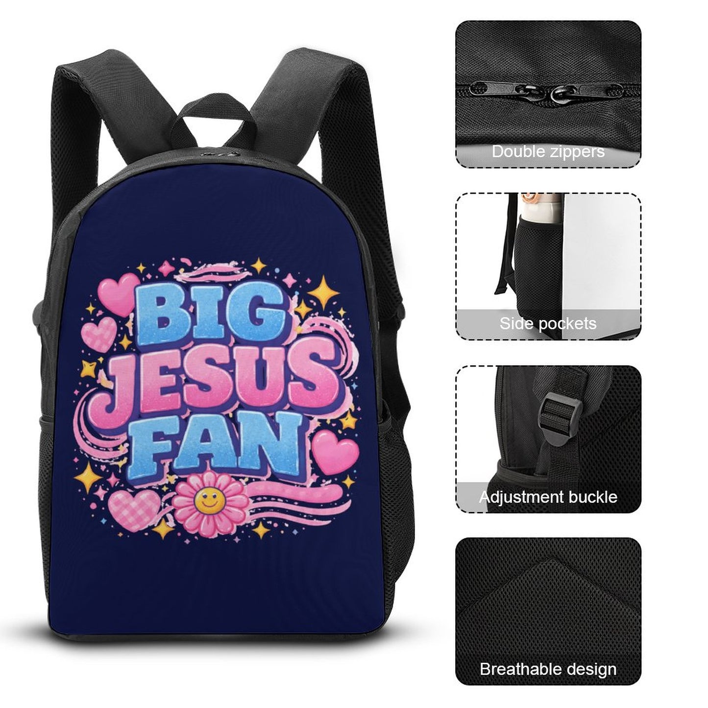 Big Jesus Fan 3 PCS Christian Backpack Set (Backpack, Lunch Bag and Pencil Case) - ClaimedbyGodDesigns