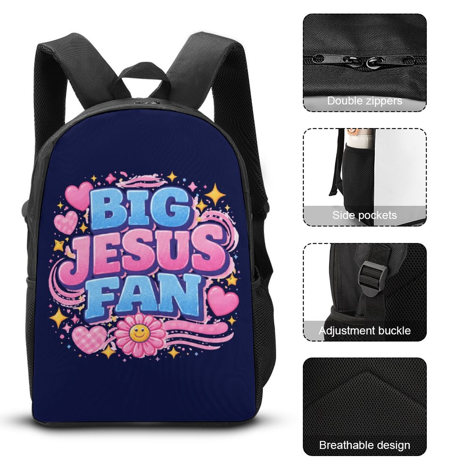 Big Jesus Fan 3 PCS Christian Backpack Set (Backpack, Lunch Bag and Pencil Case) - ClaimedbyGodDesigns