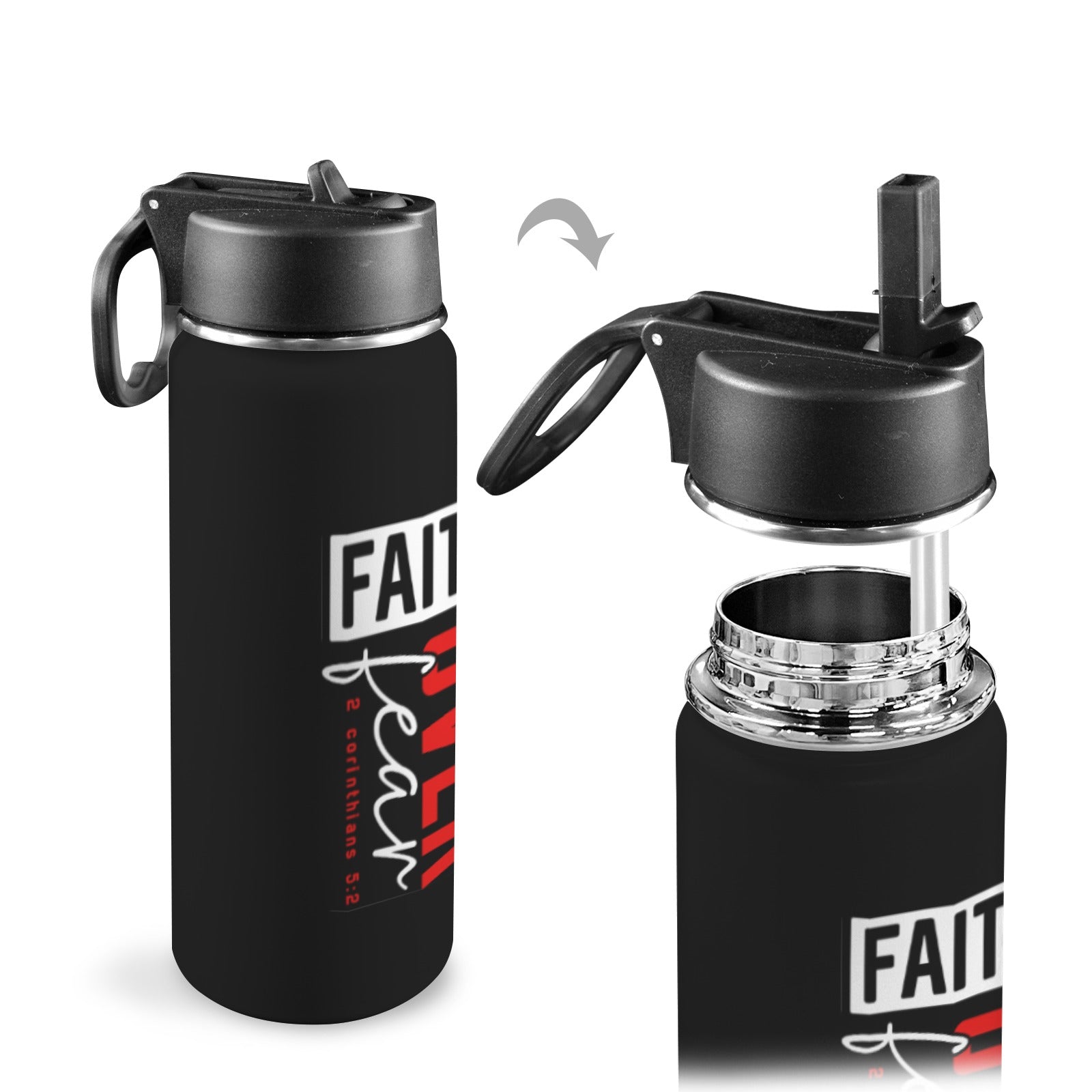 Faith Over Fear Insulated Christian Water Bottle with Straw Lid (18oz) - ClaimedbyGodDesigns