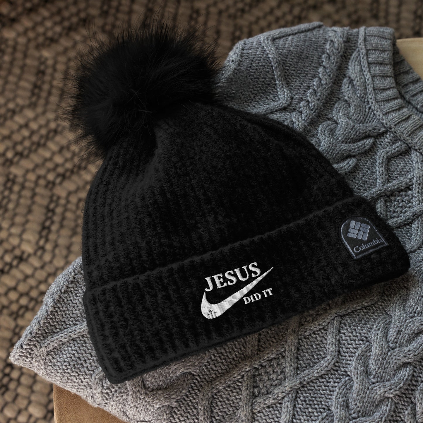 Jesus Did It (like Nike) Premium Christian Adult Columbia pom-pom beanie