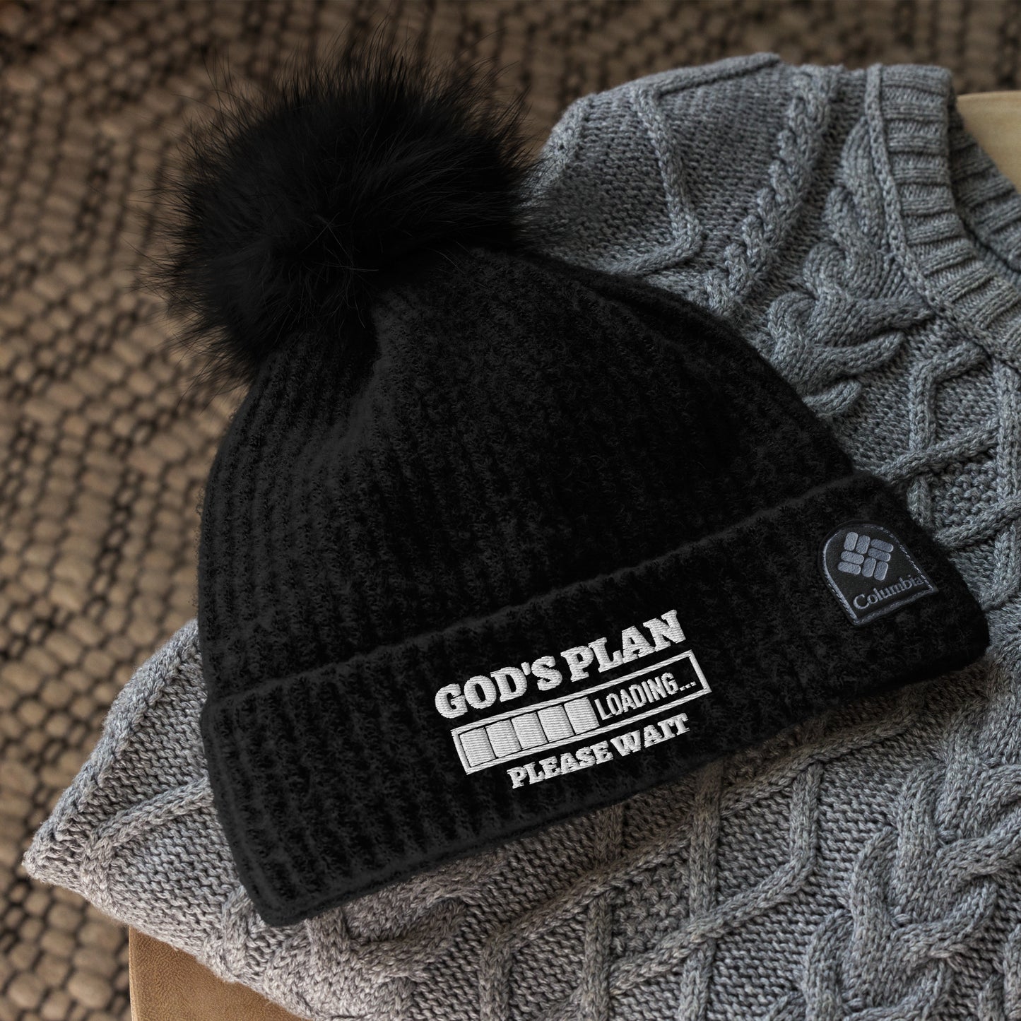 God's Plan Loading Premium Christian Adult Columbia pom-pom beanie