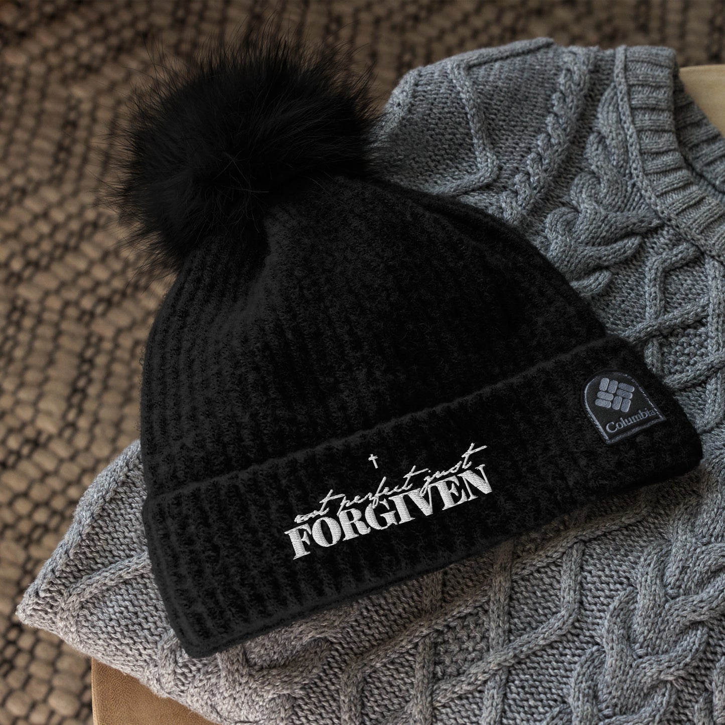 Not Perfect Just Forgiven Premium Adult Christian Columbia pom-pom beanie