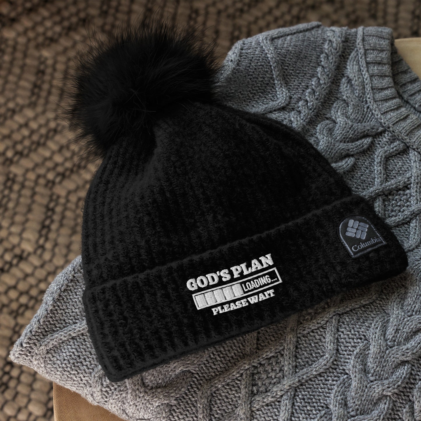 God's Plan Loading Premium Adult Christian Columbia pom-pom beanie