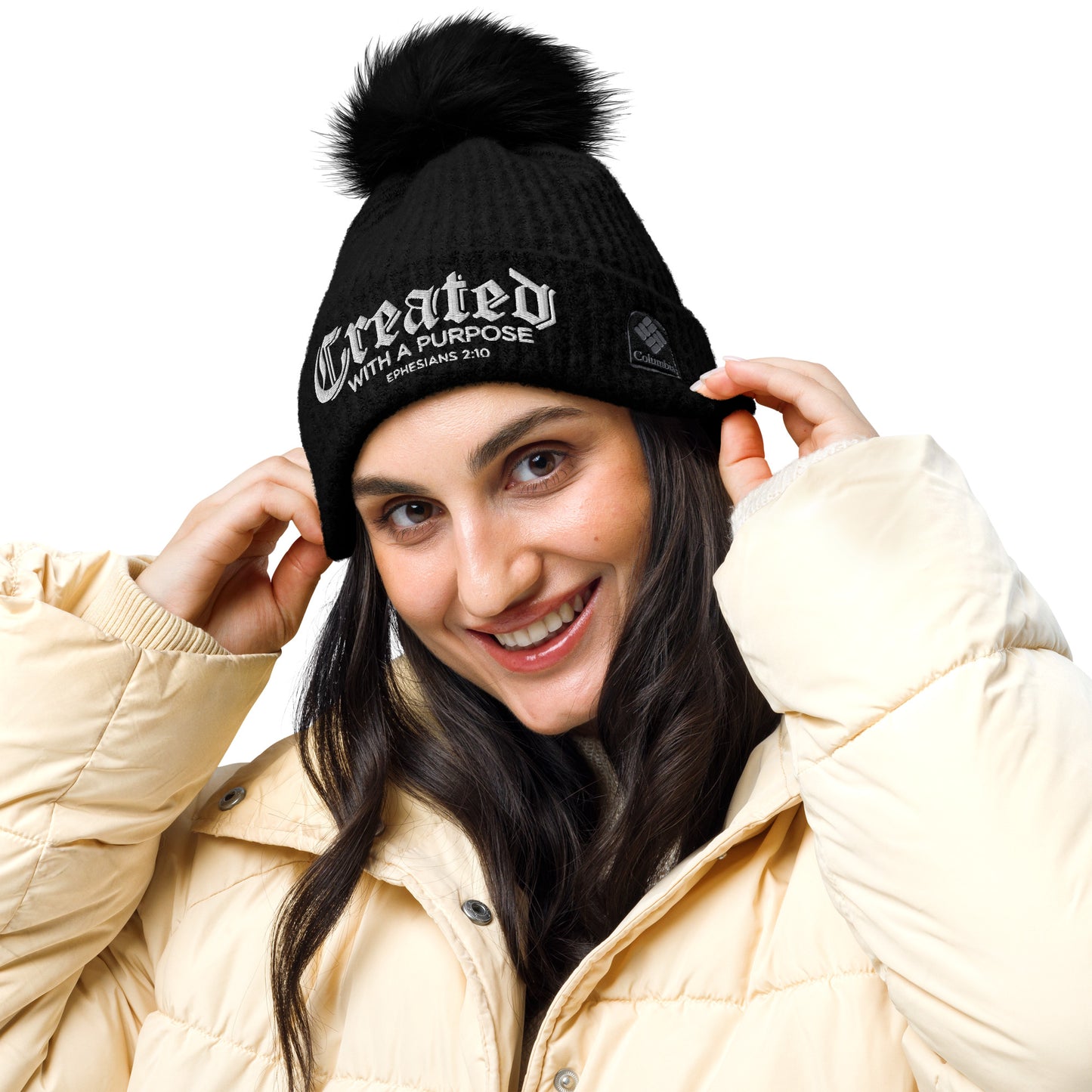 Created With A Purpose Premium Adult Christian Columbia pom-pom beanie