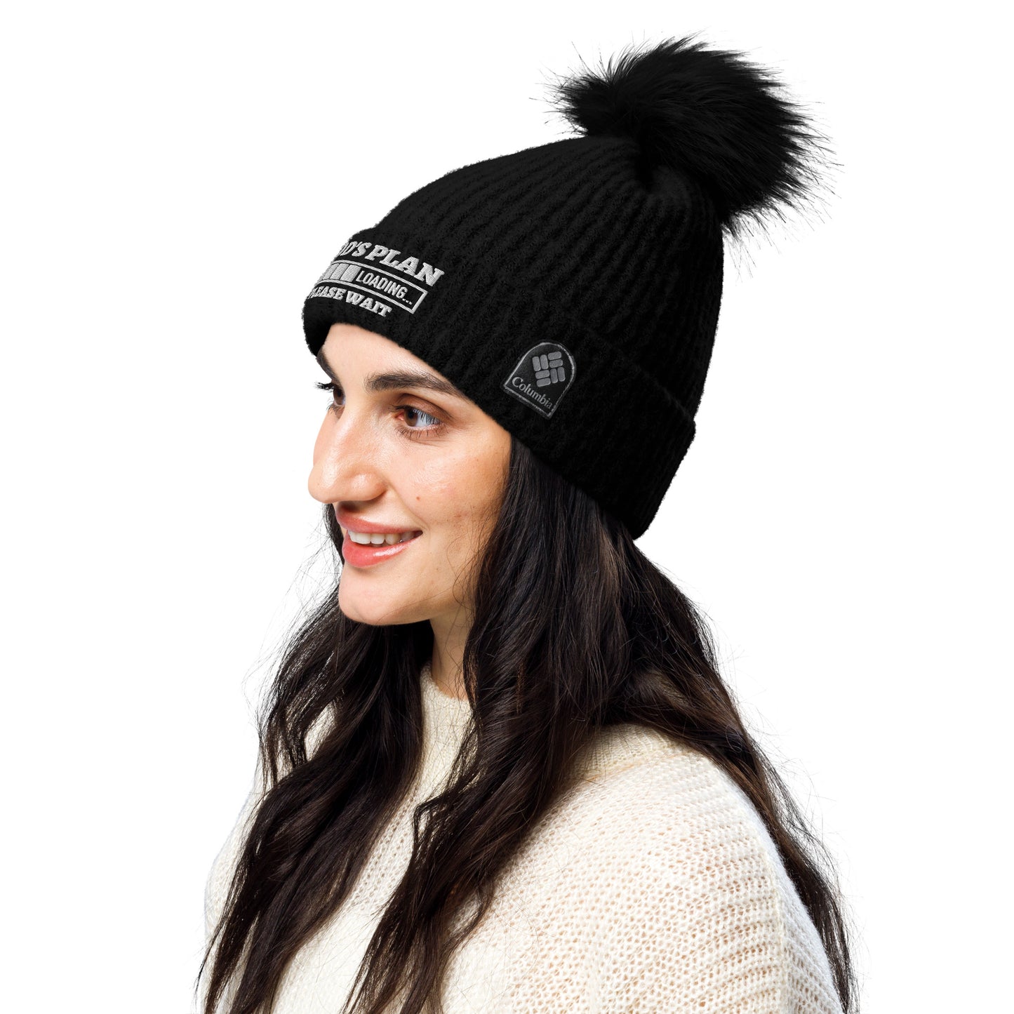 God's Plan Loading Premium Christian Adult Columbia pom-pom beanie