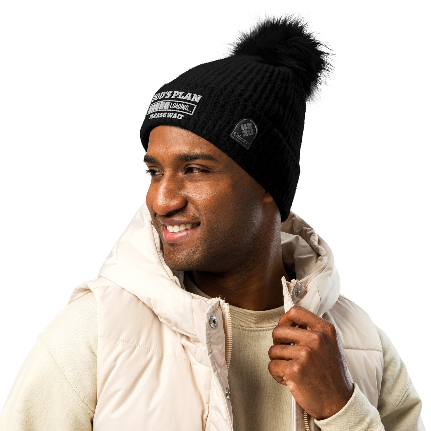 God's Plan Loading Premium Christian Adult Columbia pom-pom beanie