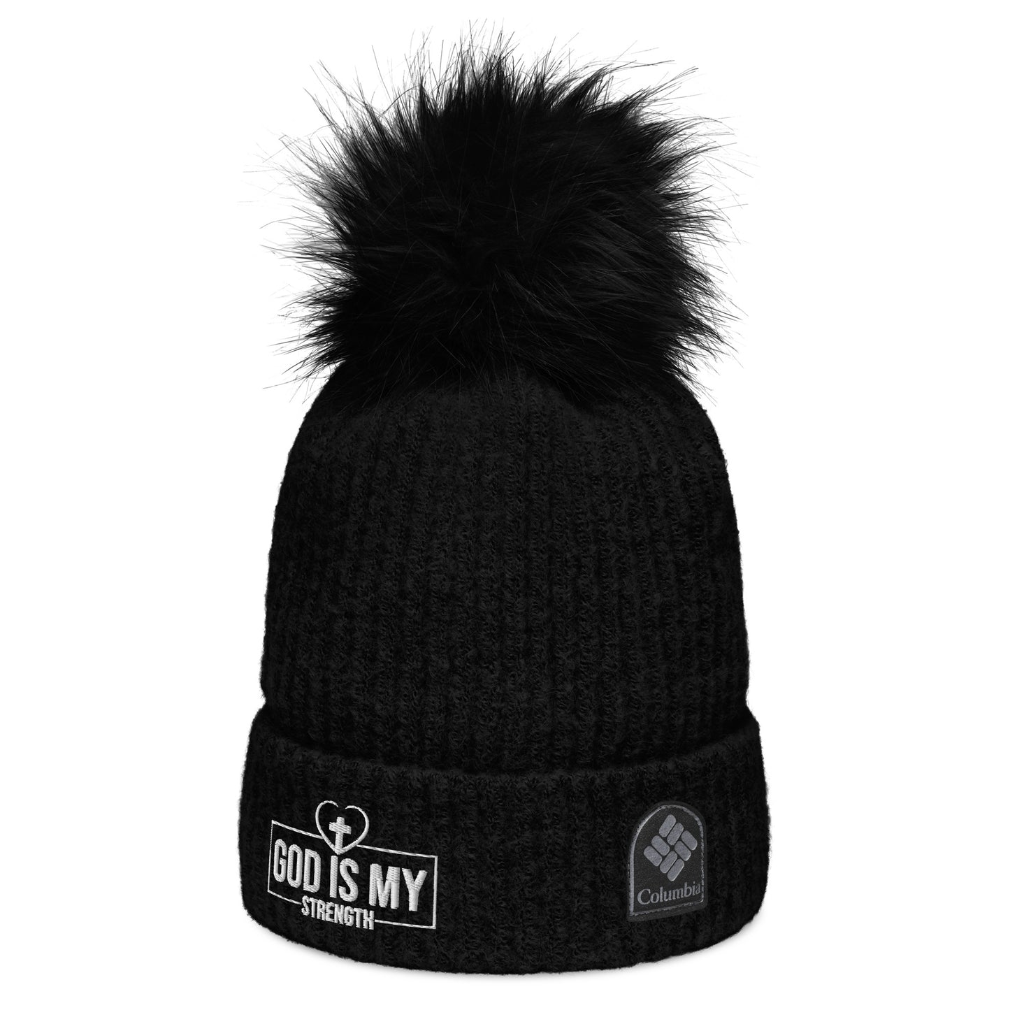 God Is My Strength Premium Adult Christian Columbia pom-pom beanie