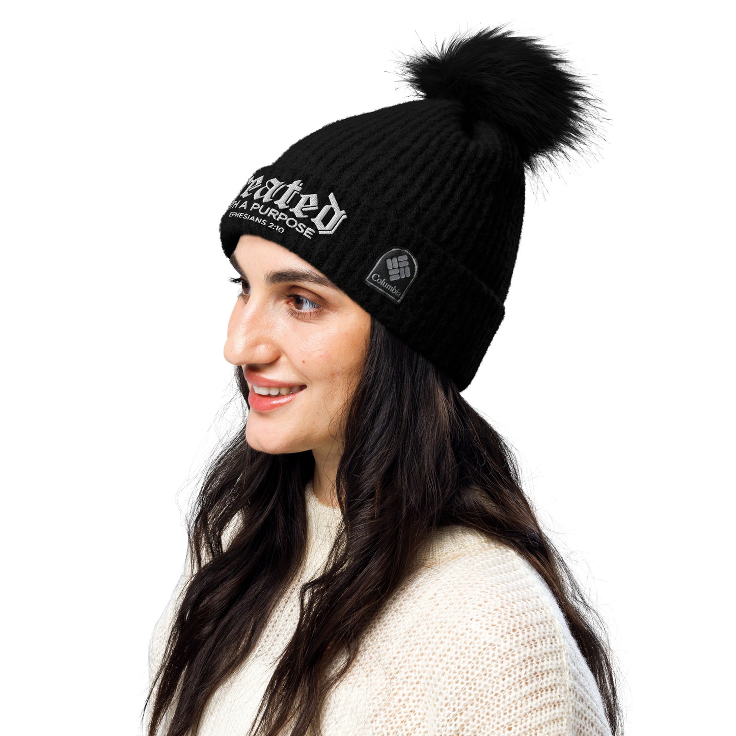 Created With A Purpose Premium Adult Christian Columbia pom-pom beanie