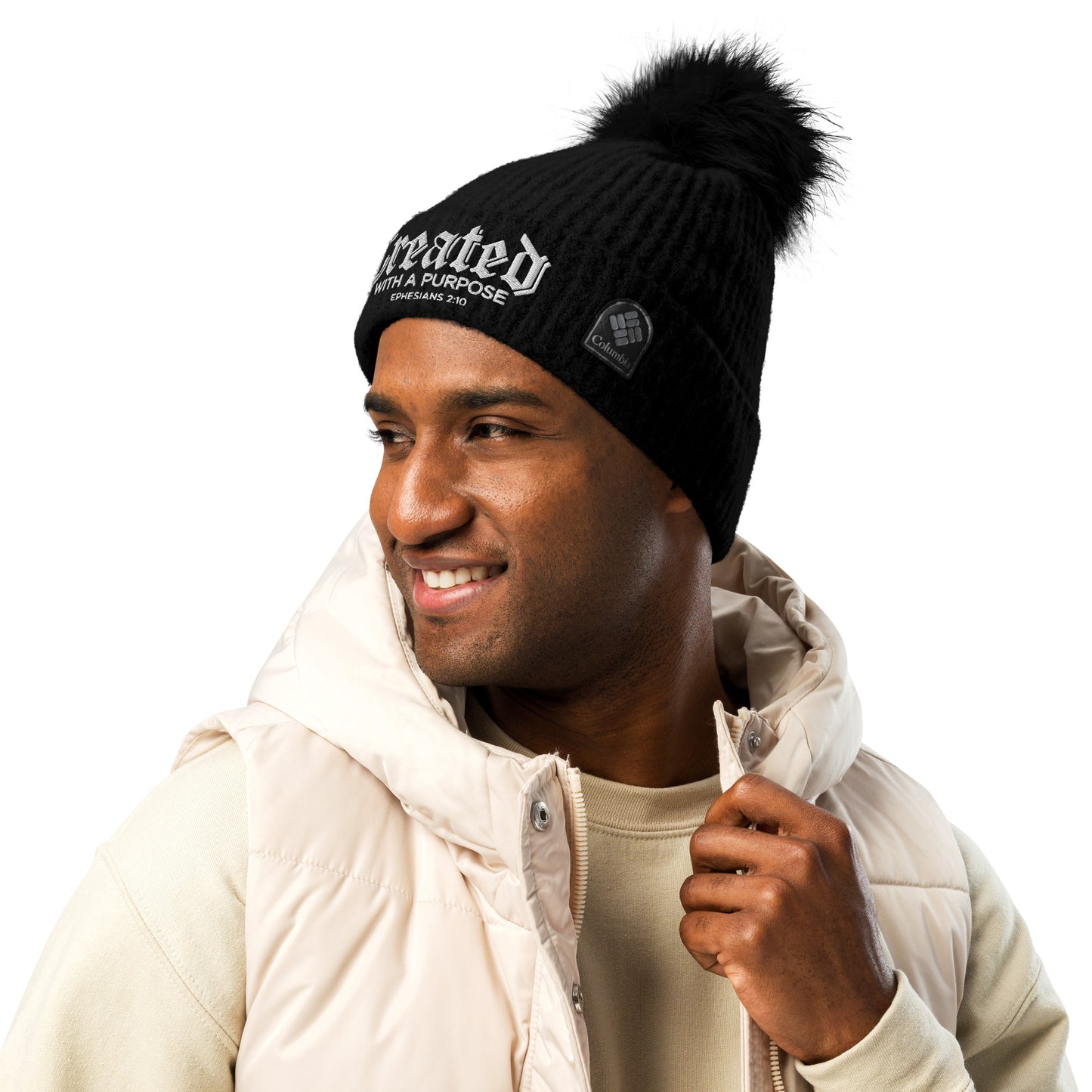 Created With A Purpose Premium Adult Christian Columbia pom-pom beanie