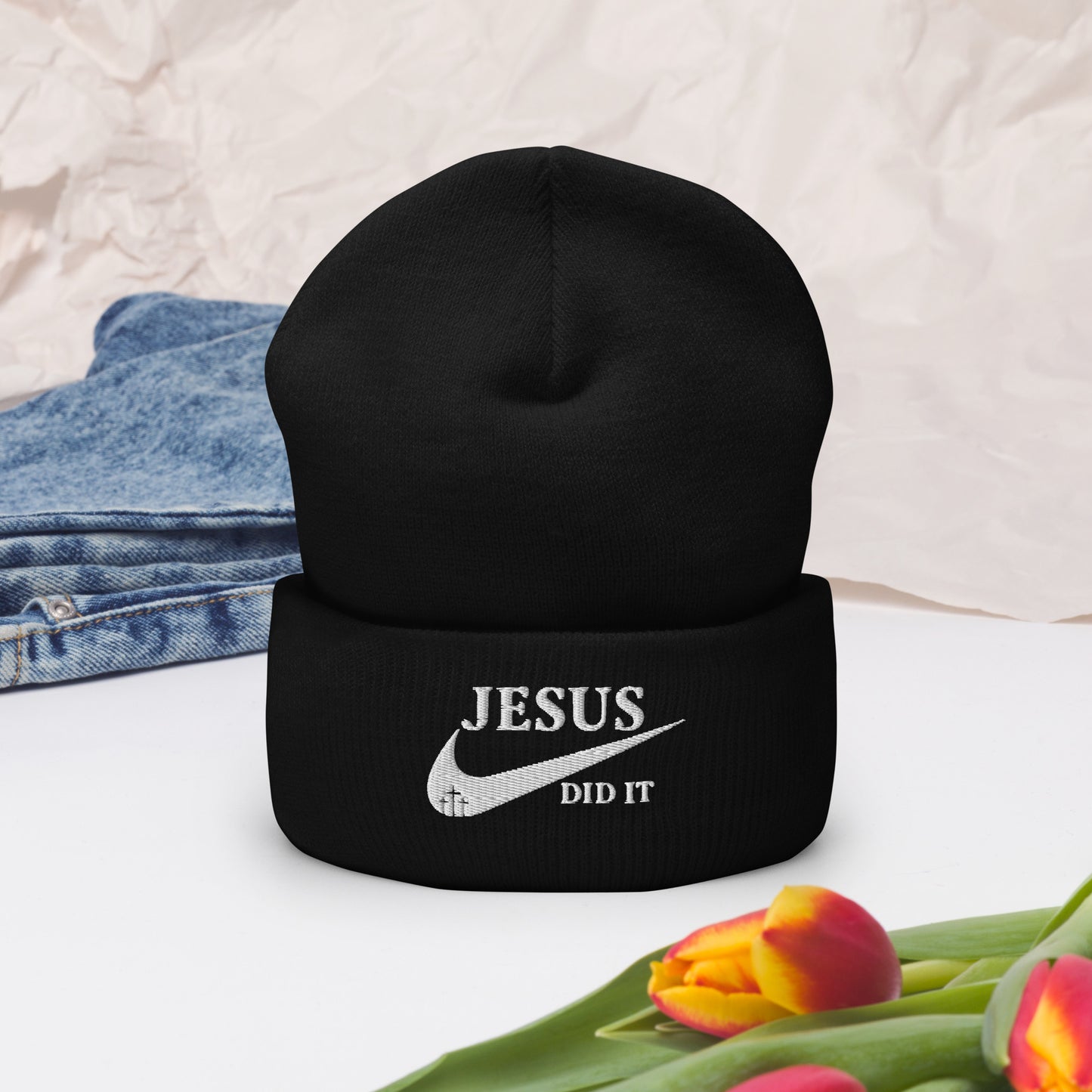 Jesus Did It (like Nike) Adult Christian Cuffed Beanie