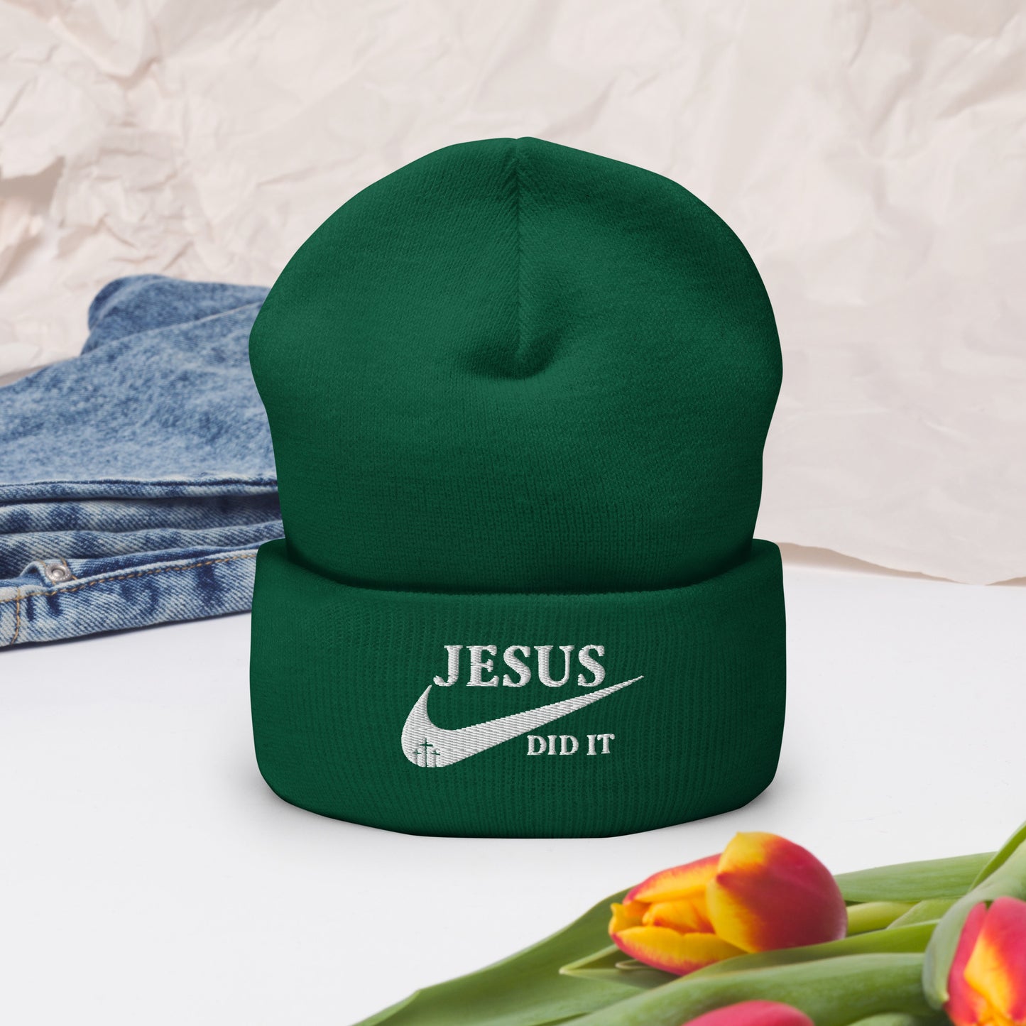 Jesus Did It (like Nike) Adult Christian Cuffed Beanie