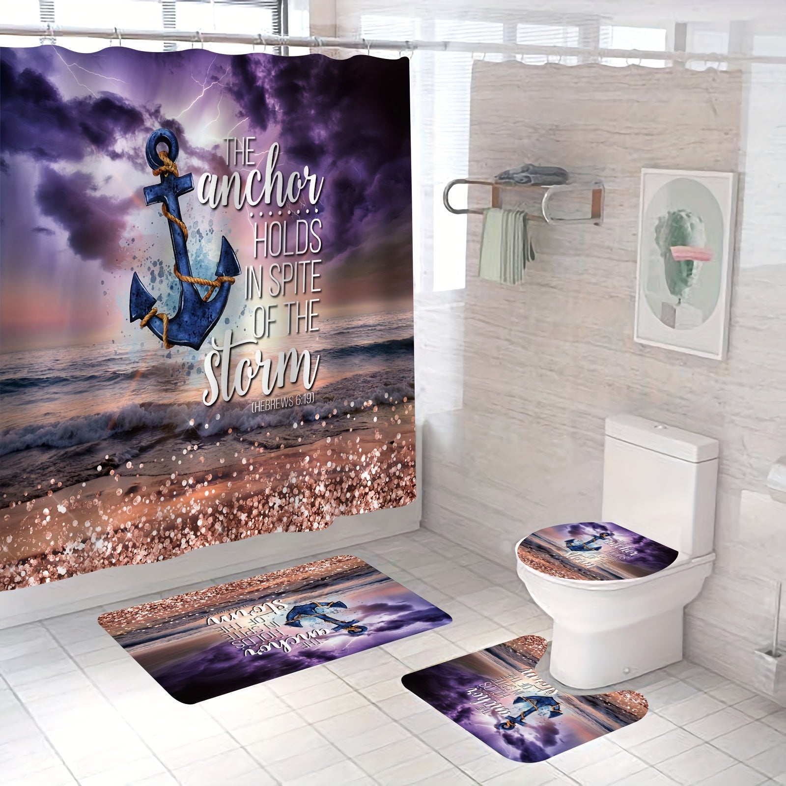 1/4pcs The Anchor Holds In Spite Of The Storm Christian Shower Curtain With 12 Hooks, Non-Slip Bath Rug, U-Shape Mat, Toilet Lid Cover Pad claimedbygoddesigns