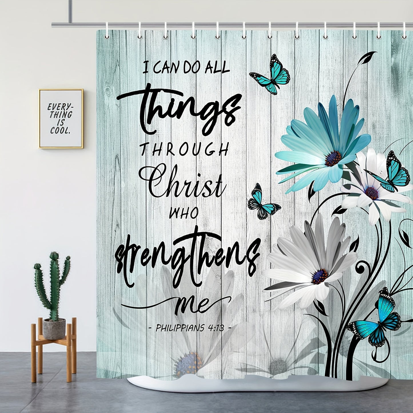 1pc I Can Do All Things Through Christ (Daisy Flower Butterfly) Christian Shower Curtain With Hooks claimedbygoddesigns