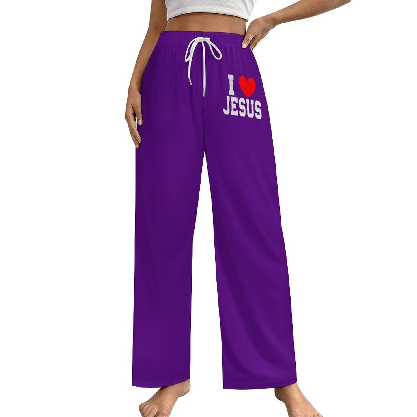 I Love Jesus Women's Christian  Faux Cotton Drawstring Wide Leg Pajama Pants