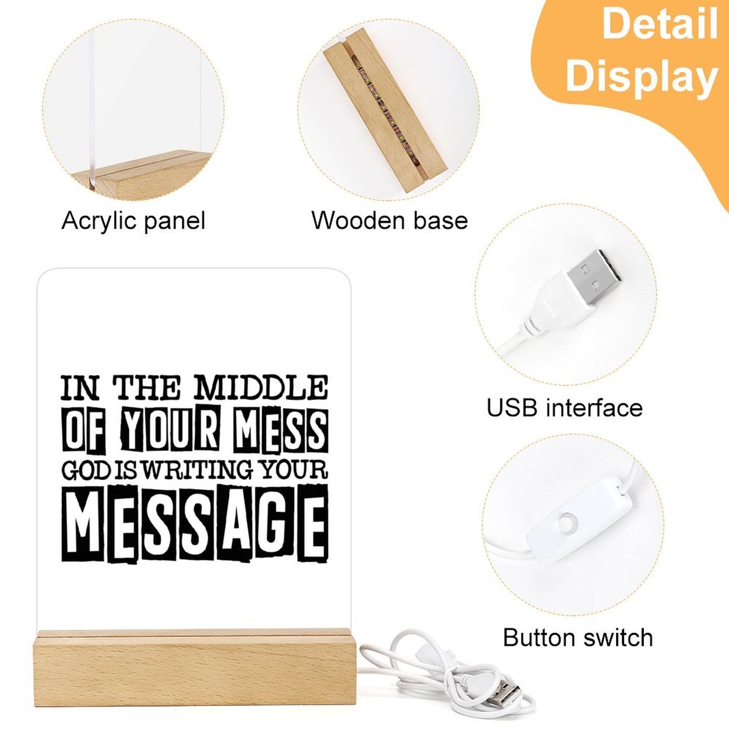 In The Middle Of Your Mess God Is Writing Your Message Christian Acrylic Night Light with Wooden Base Christian Gift Idea