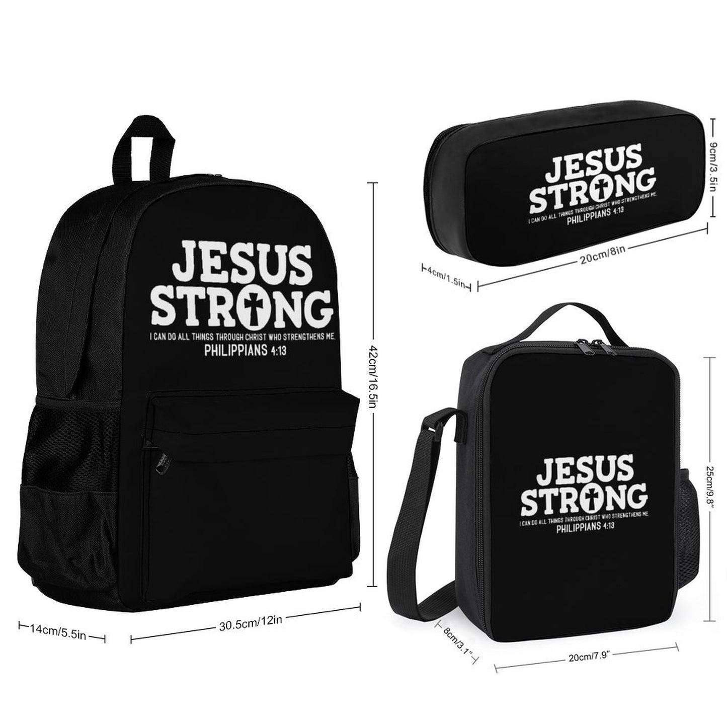 JESUS Strong I Can Do All Things Through Christ Christian Backpack Set of 3 Bags (Shoulder Bag Lunch Bag & Pencil Pouch)