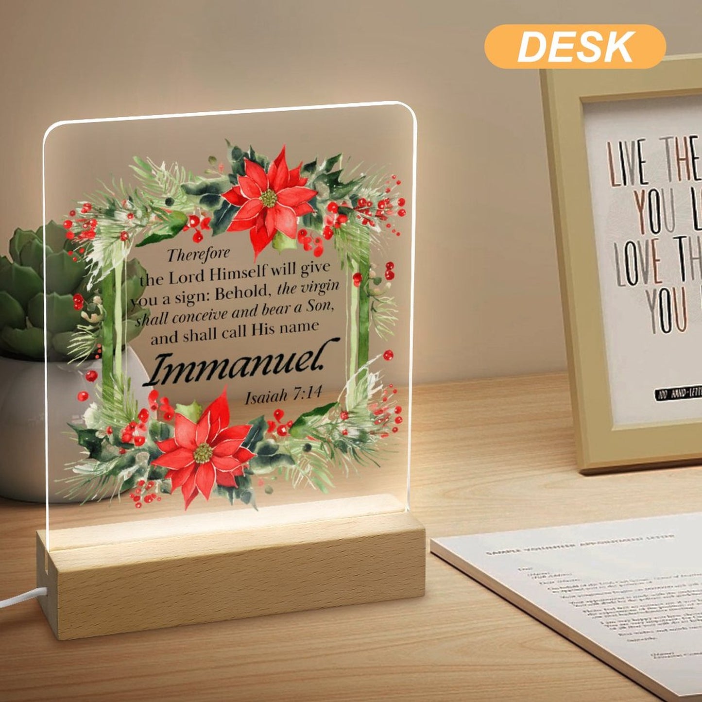 Isaiah 7:14 Immanuel (Christmas Themed) Christian Acrylic Night Light with Wooden Base