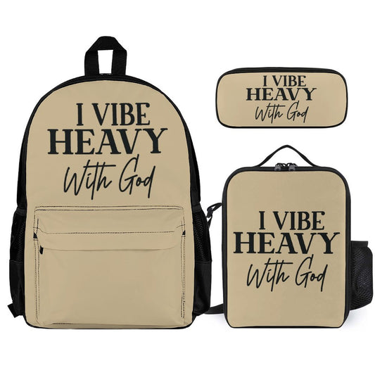 I Vibe Heavy With God Christian Backpack Set of 3 Bags (Shoulder Bag Lunch Bag & Pencil Pouch)