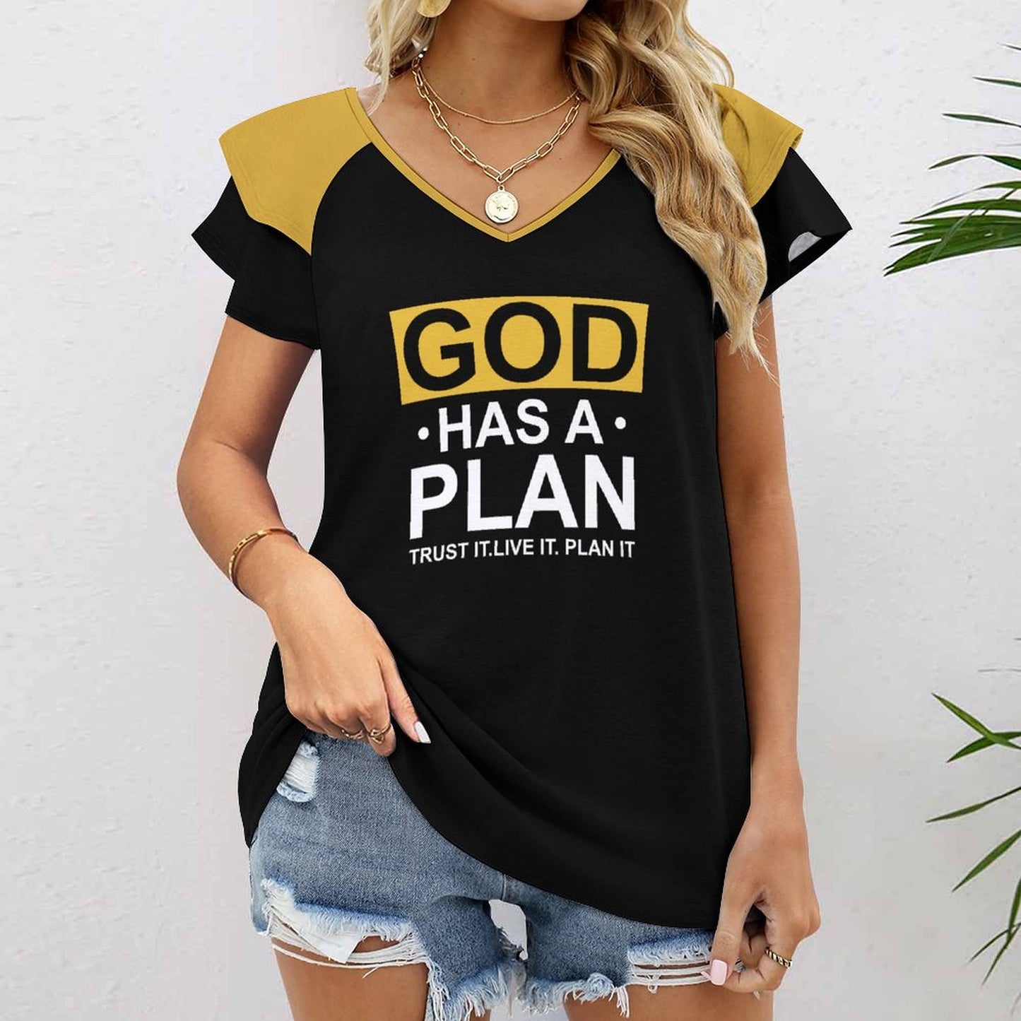 God Has A Plan Trust It Live It Plan It Women's Christian T-shirt Ruffle V-Neck SALE-Personal Design