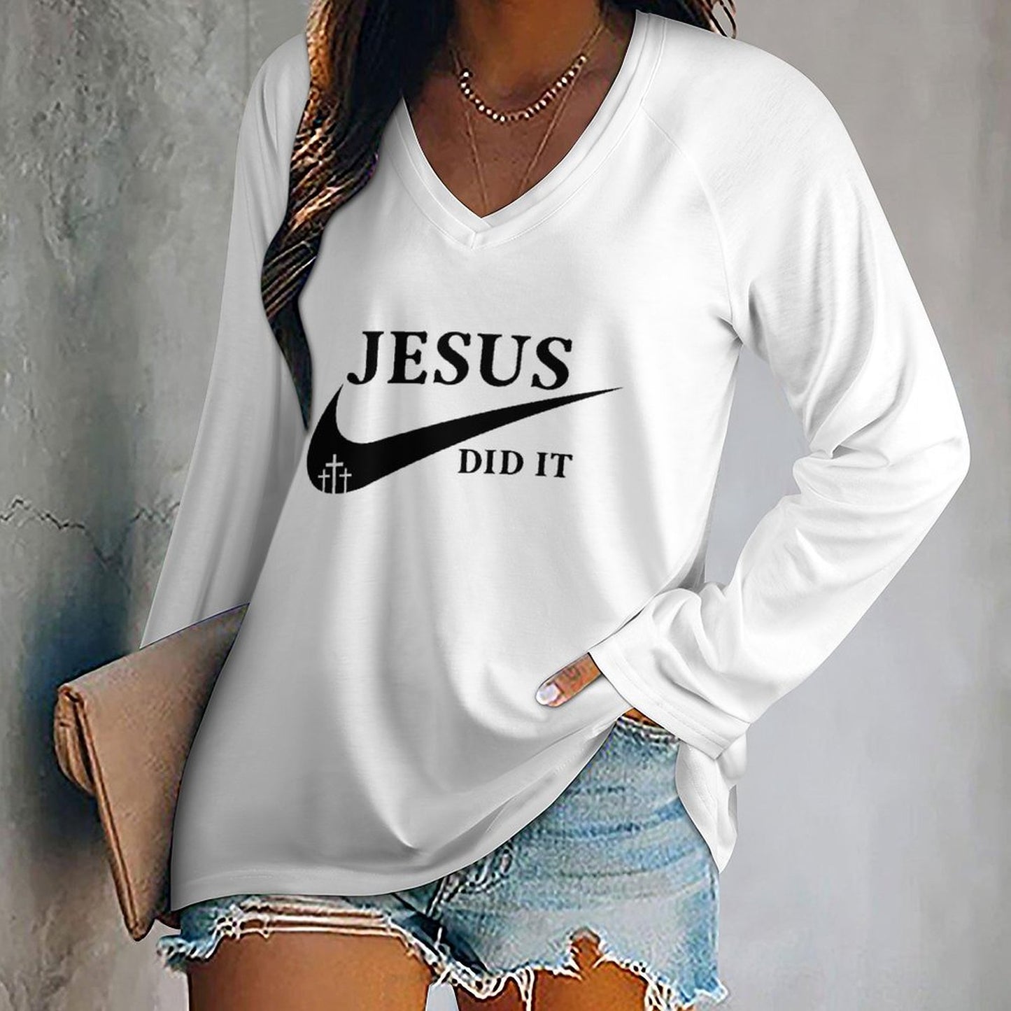 Jesus Did It (Like Nike) V Neck Women's Christian Pullover Sweatshirt SALE-Personal Design