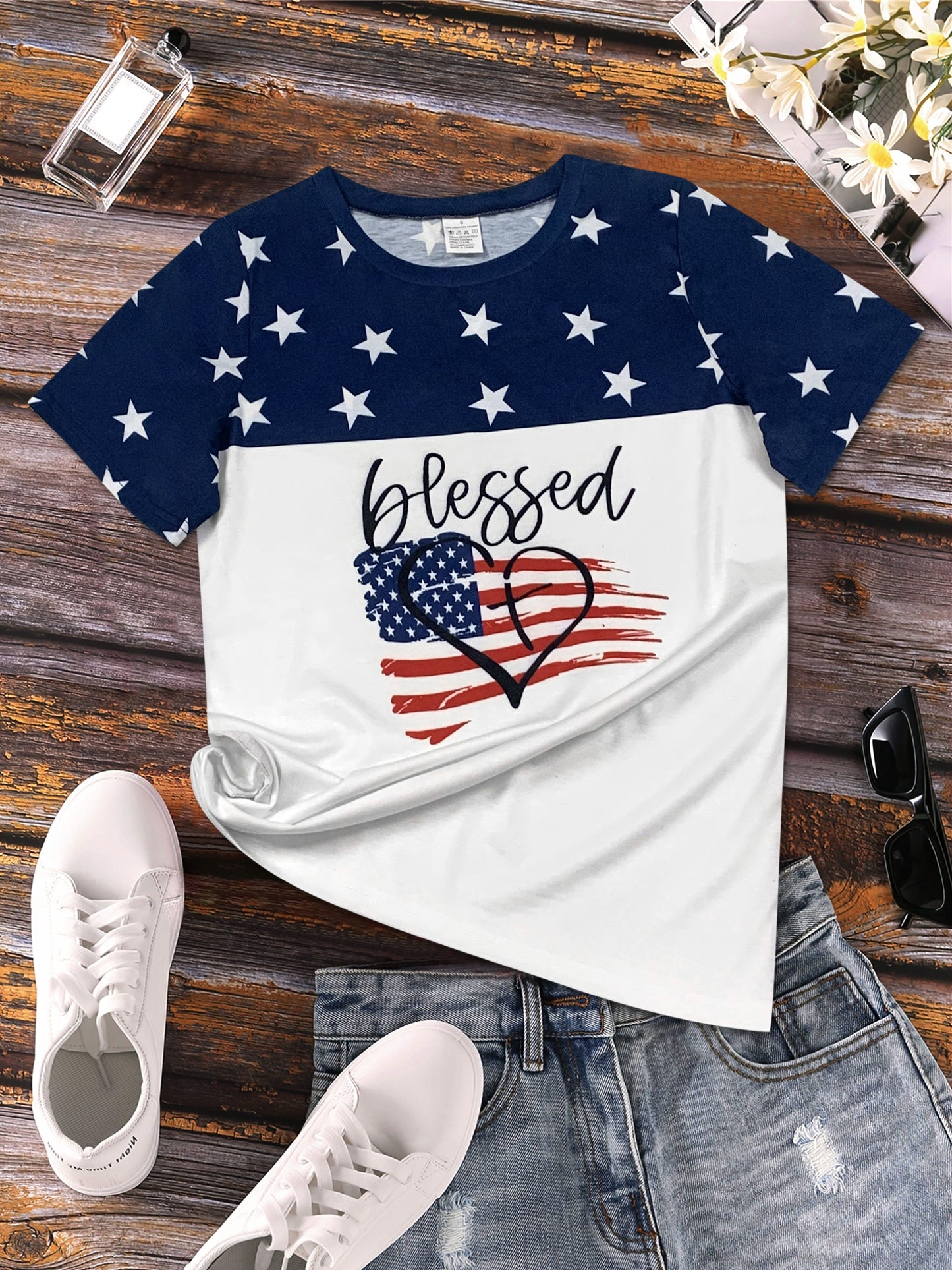 Blessed Patriotic American Flag Women's Christian T-shirt claimedbygoddesigns