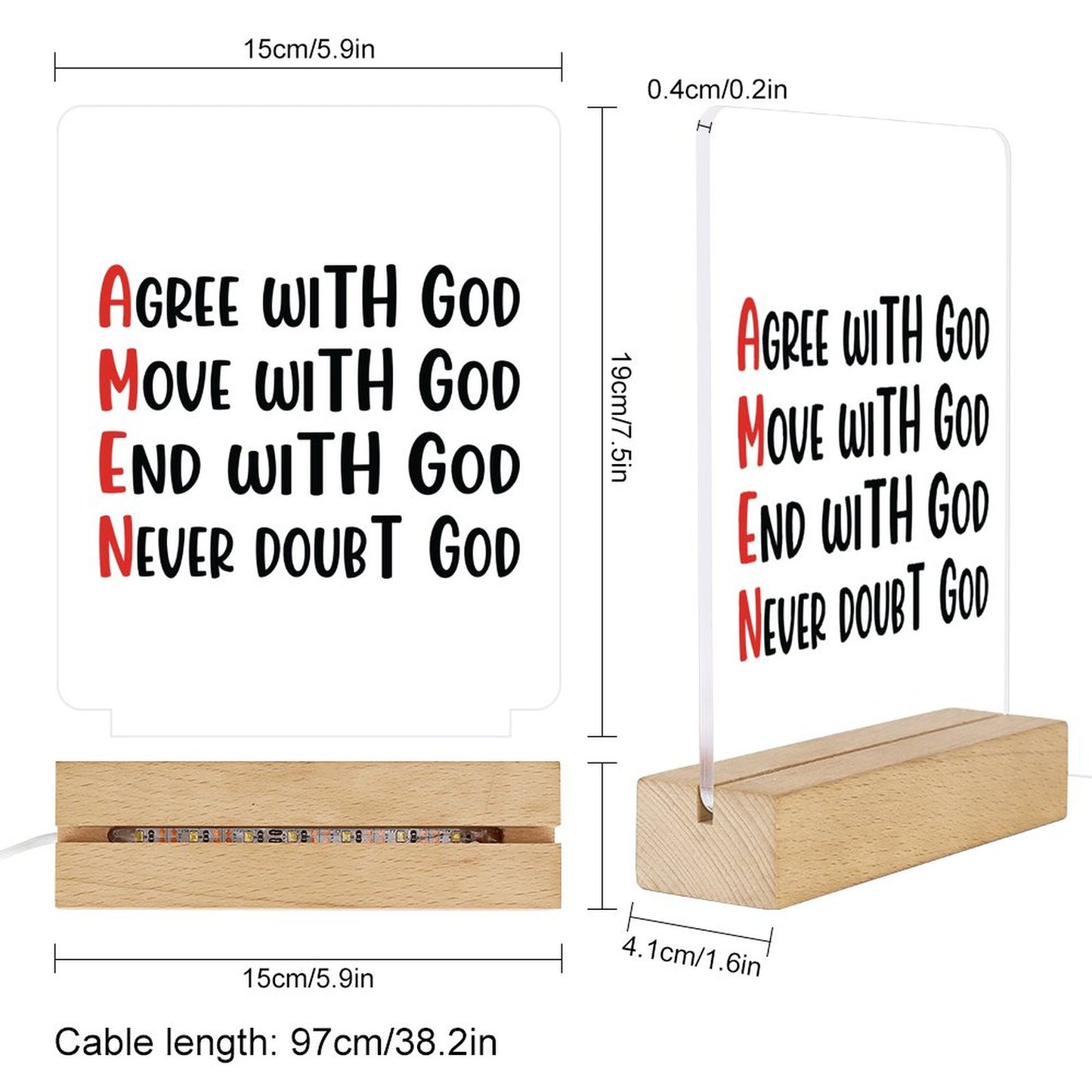 Amen Agree Move End With God Never Doubt God Christian Acrylic Night Light with Wooden Base Christian Gift Idea