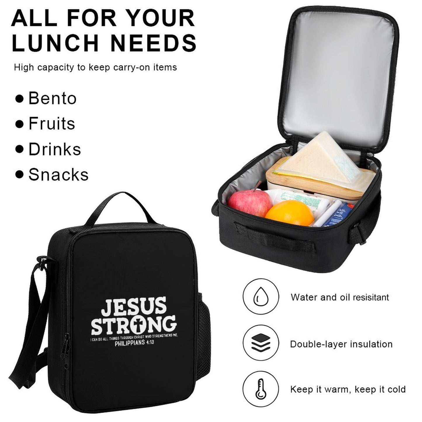 JESUS Strong I Can Do All Things Through Christ Christian Backpack Set of 3 Bags (Shoulder Bag Lunch Bag & Pencil Pouch)