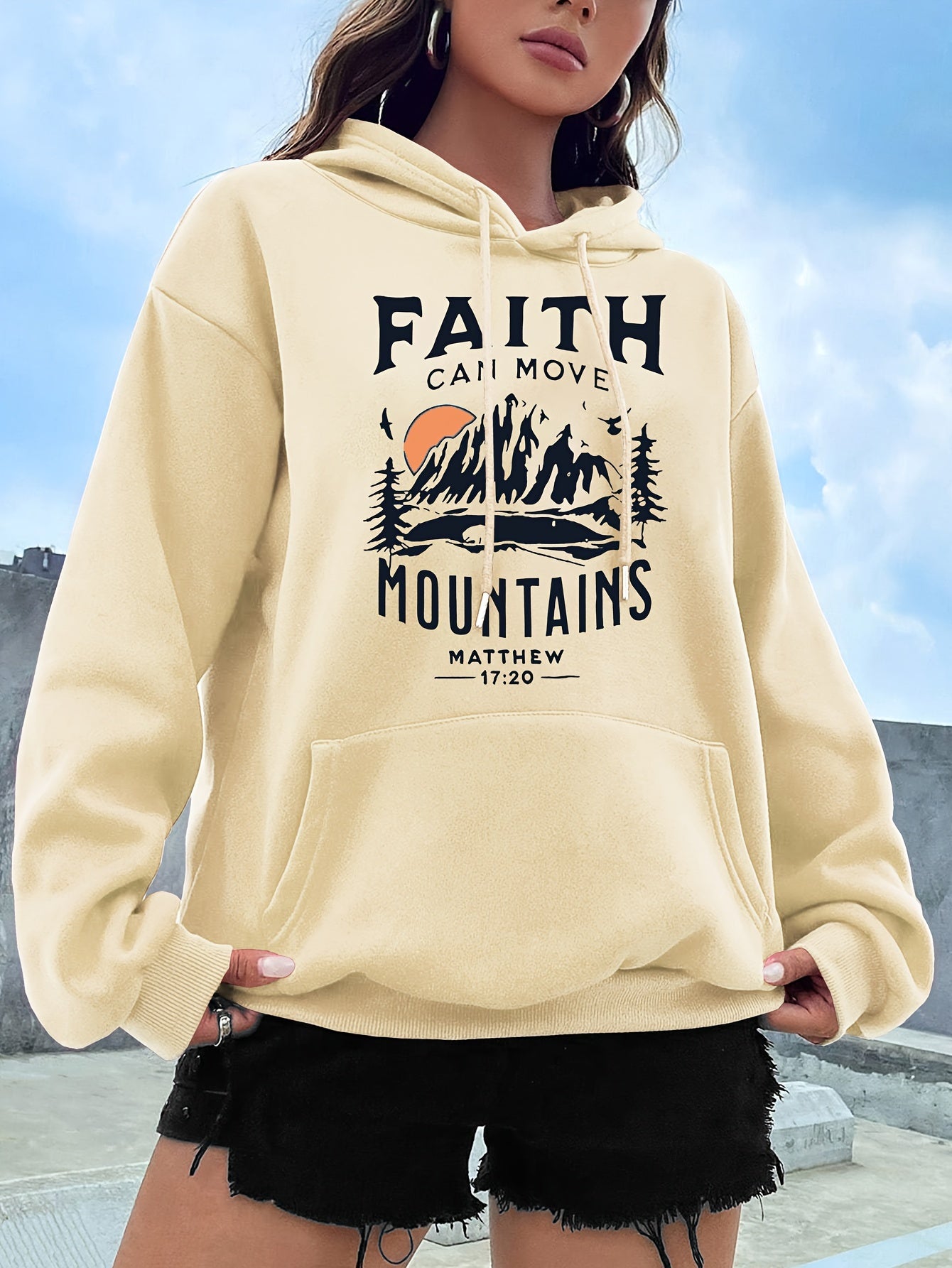 Faith Can Move Mountains Women's Christian Pullover Hooded Sweatshirt claimedbygoddesigns