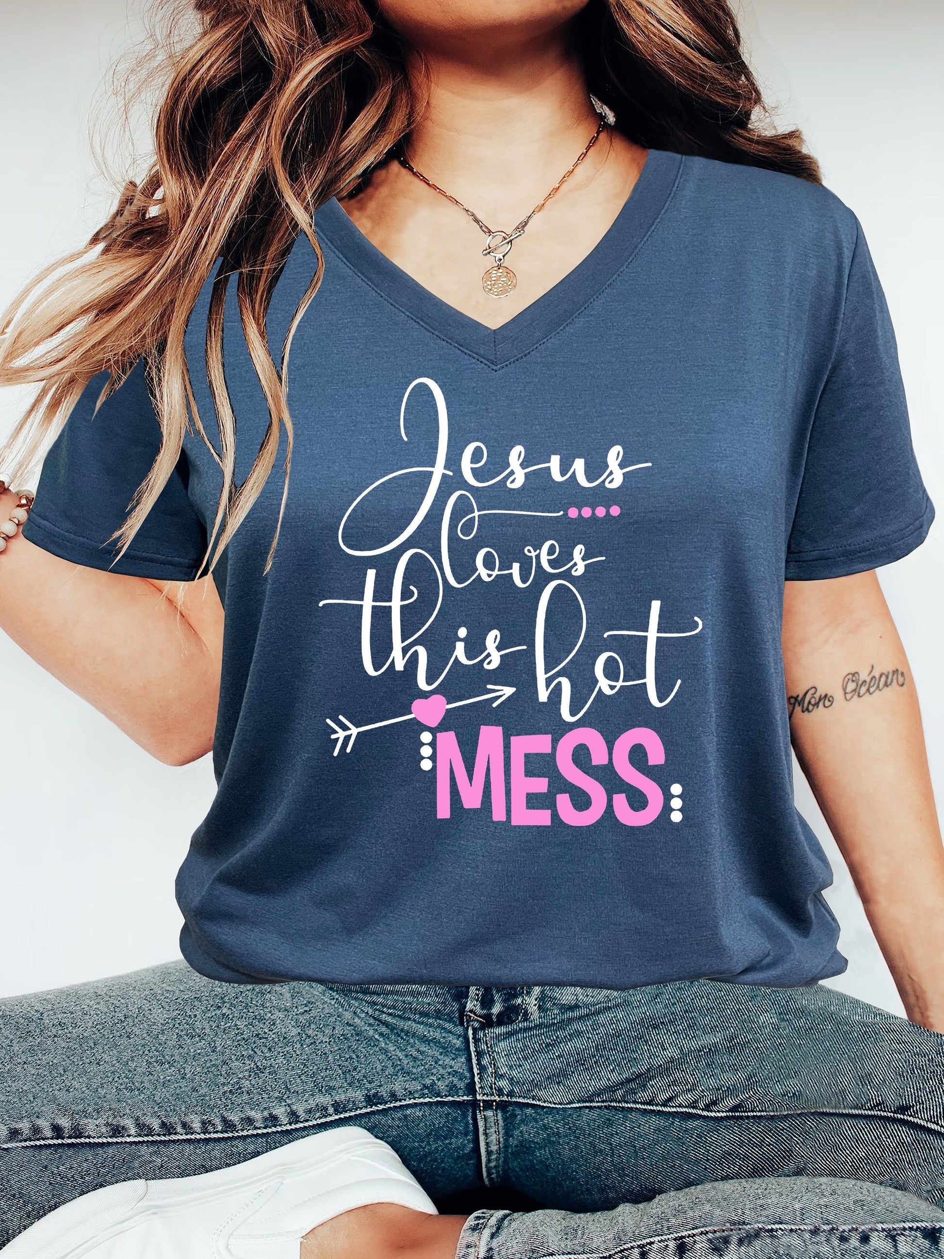 Jesus Loves This Hot Mess Women's Christian V Neck T-Shirt claimedbygoddesigns