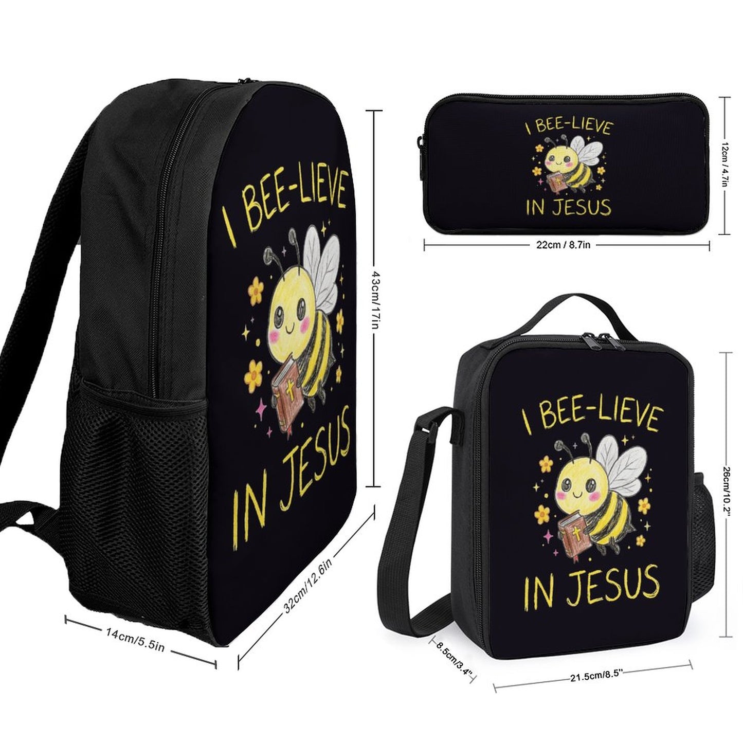 I Bee - lieve In Jesus 3 PCS Christian Backpack Set (Backpack, Lunch Bag and Pencil Case) - ClaimedbyGodDesigns