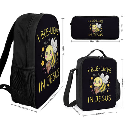 I Bee - lieve In Jesus 3 PCS Christian Backpack Set (Backpack, Lunch Bag and Pencil Case) - ClaimedbyGodDesigns