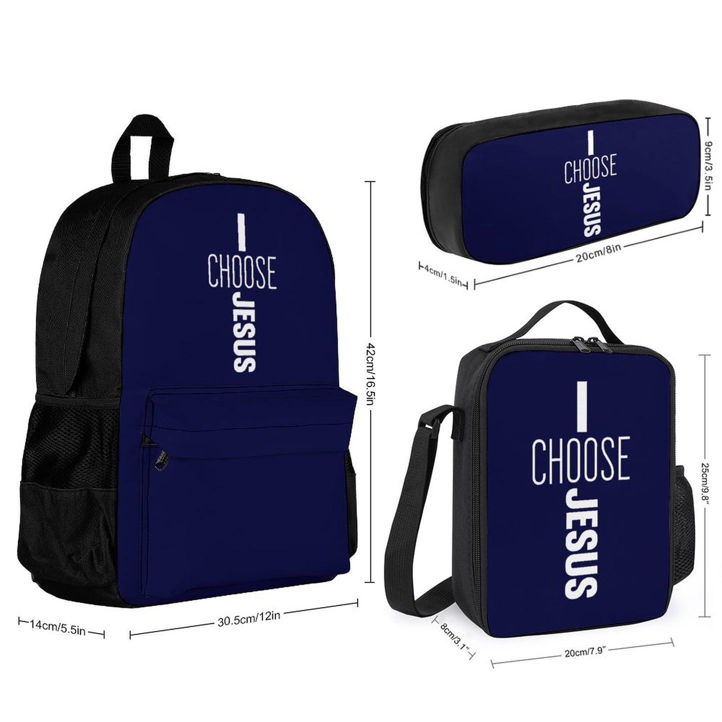 I Choose Jesus Christian Backpack Set of 3 Bags (Shoulder Bag Lunch Bag & Pencil Pouch)