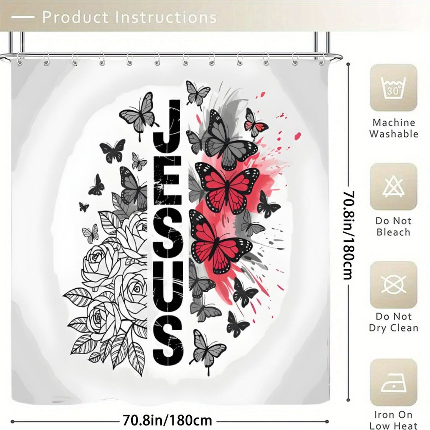 Butterfly Flowered Jesus Christian Waterproof Shower Curtain