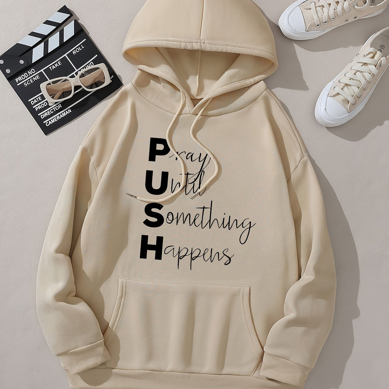 PUSH: Pray Until Something Happens Women's Christian Pullover Hooded Sweatshirt claimedbygoddesigns