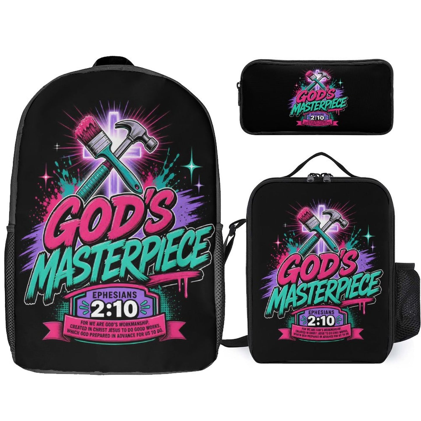 God's Masterpiece Christian 3 PCS Bag Set (Backpack, Lunch Bag and Pencil Case) - ClaimedbyGodDesigns