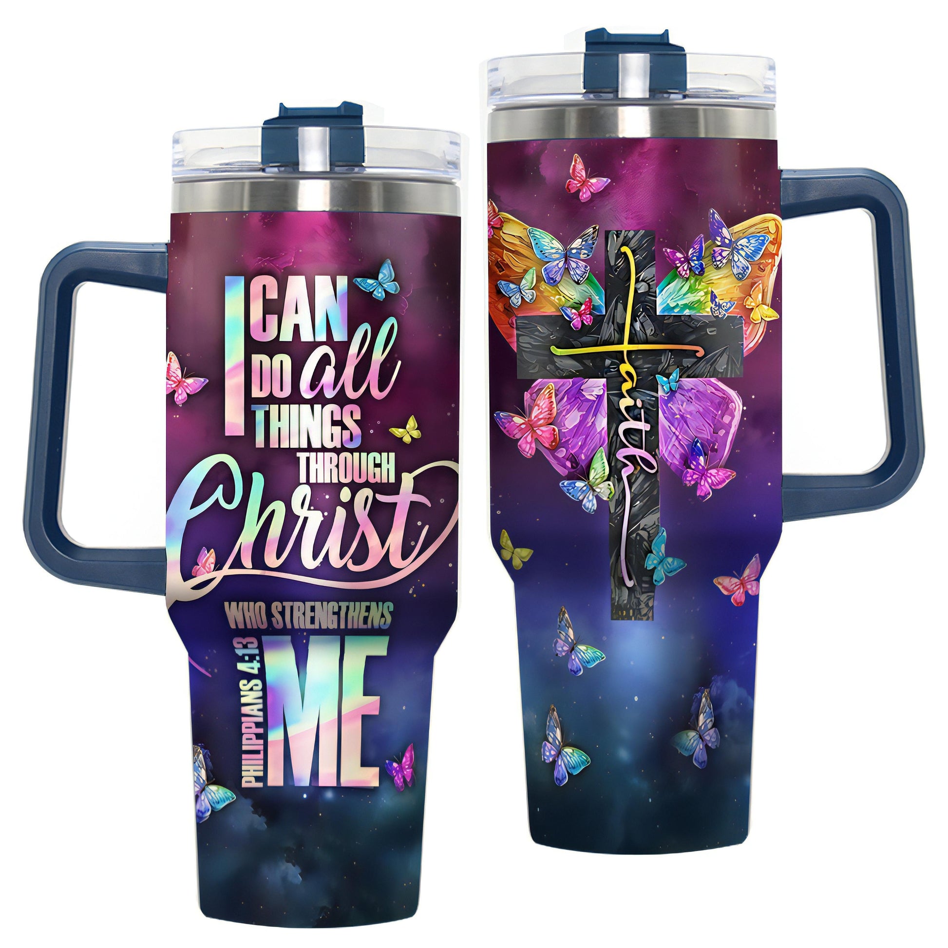 Faith/I Can Do All Things Christian Stainless Steel Vacuum Insulated Tumbler With Lid & Straw, 40oz claimedbygoddesigns