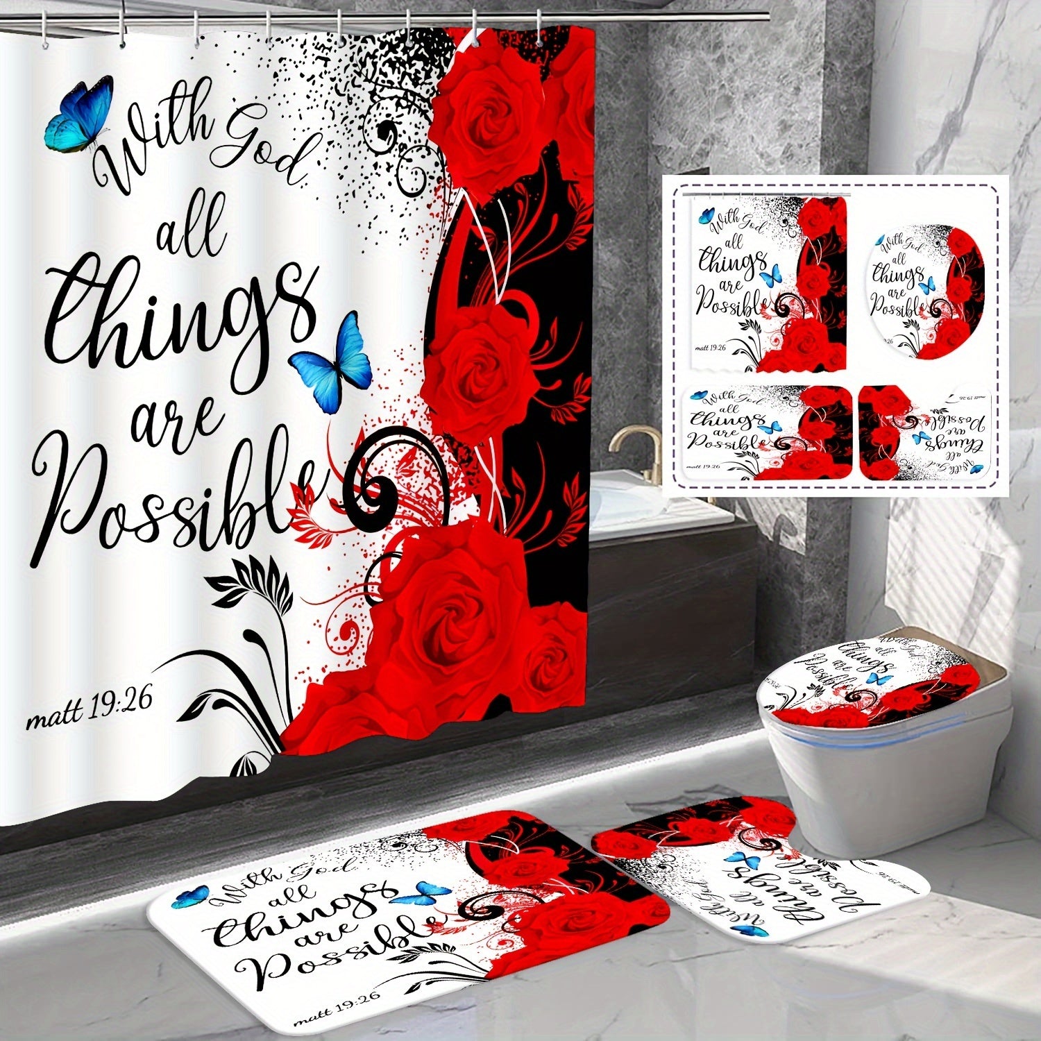 1/4pcs With God All Things Are Possible (Red Rose) Christian Shower Curtain Set, , Bath Mat, Contour Mat, Toilet Cover, Fabric Waterproof Bath Curtain claimedbygoddesigns