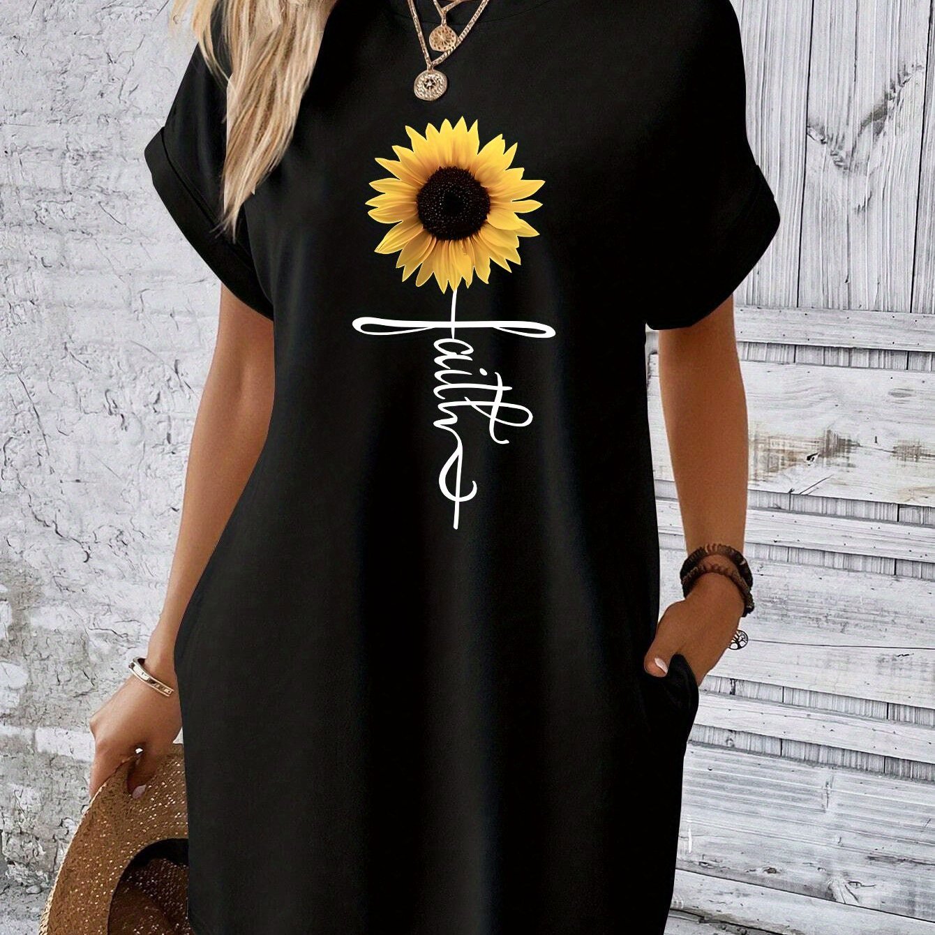 Faith (sunflower) Women's Christian T-shirt Casual Dress claimedbygoddesigns
