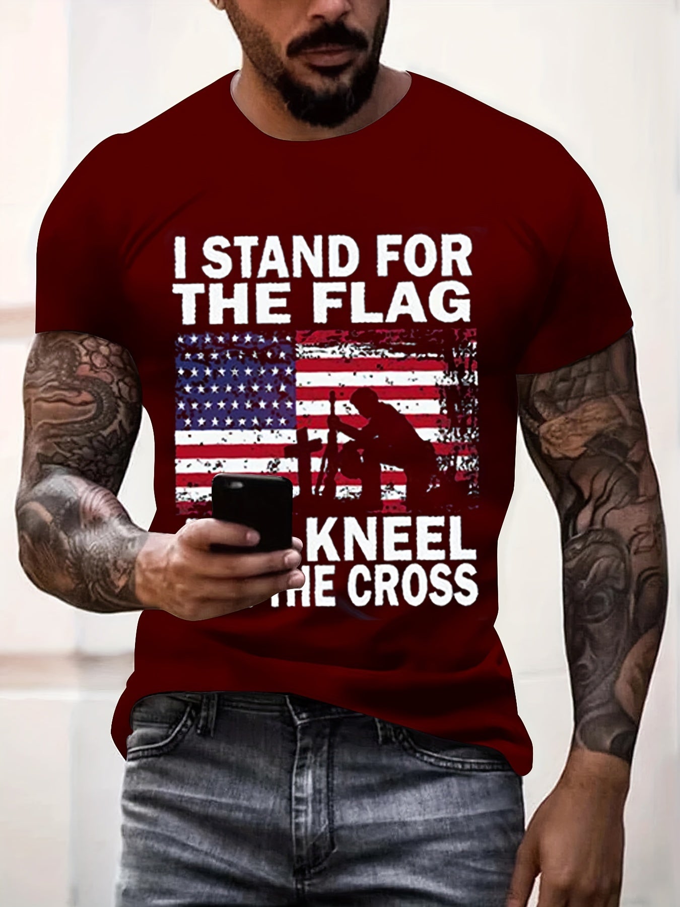 I Stand For The Flag And Kneel For The Cross Patriotic American Flag Men's Christian T-shirt claimedbygoddesigns
