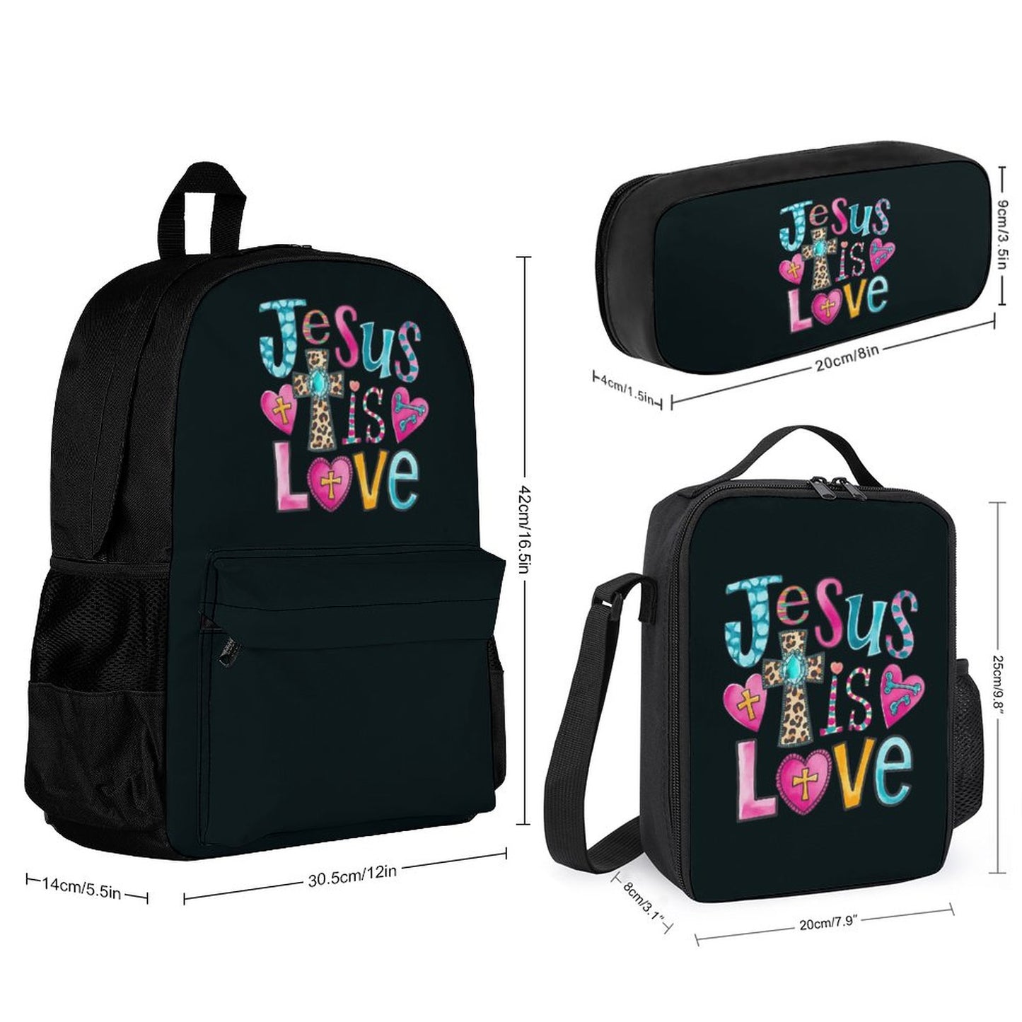 He Is Love Christian Backpack Set of 3 Bags (Shoulder Bag Lunch Bag & Pencil Pouch)