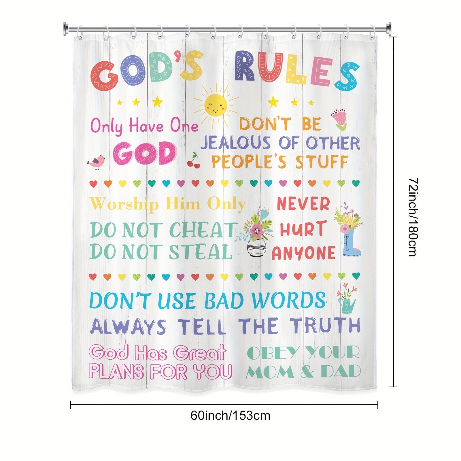 God's Rules (kids) Christian Shower Curtain With 12 Plastic Hooks, 60Wx72H Inch claimedbygoddesigns