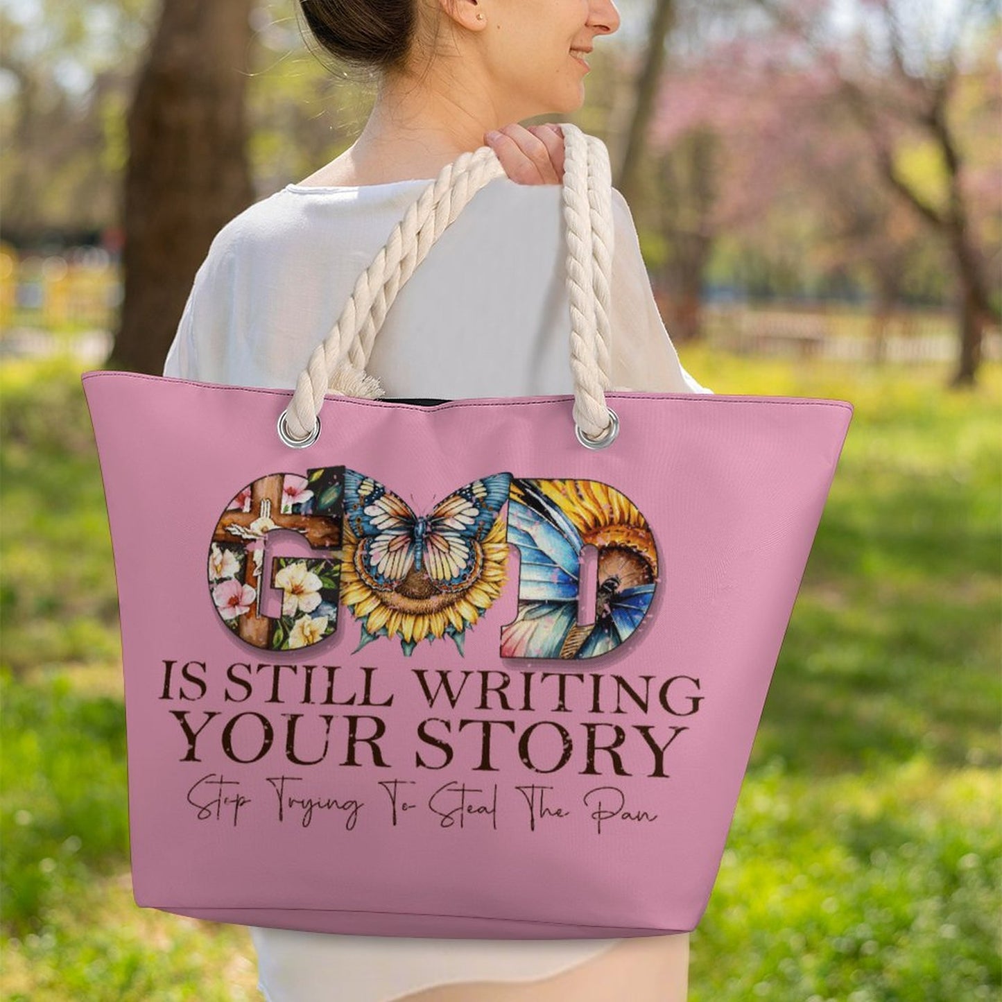 God Is Still Writing Your Story Christian Large Jute Tote Bag