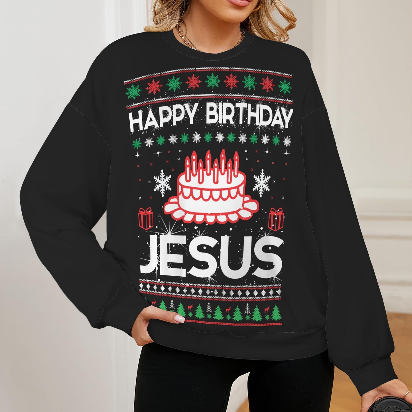 Happy Birthday Jesus Christmas Themed Women's Christian Oversized Crew Neck Pullover Sweatshirt