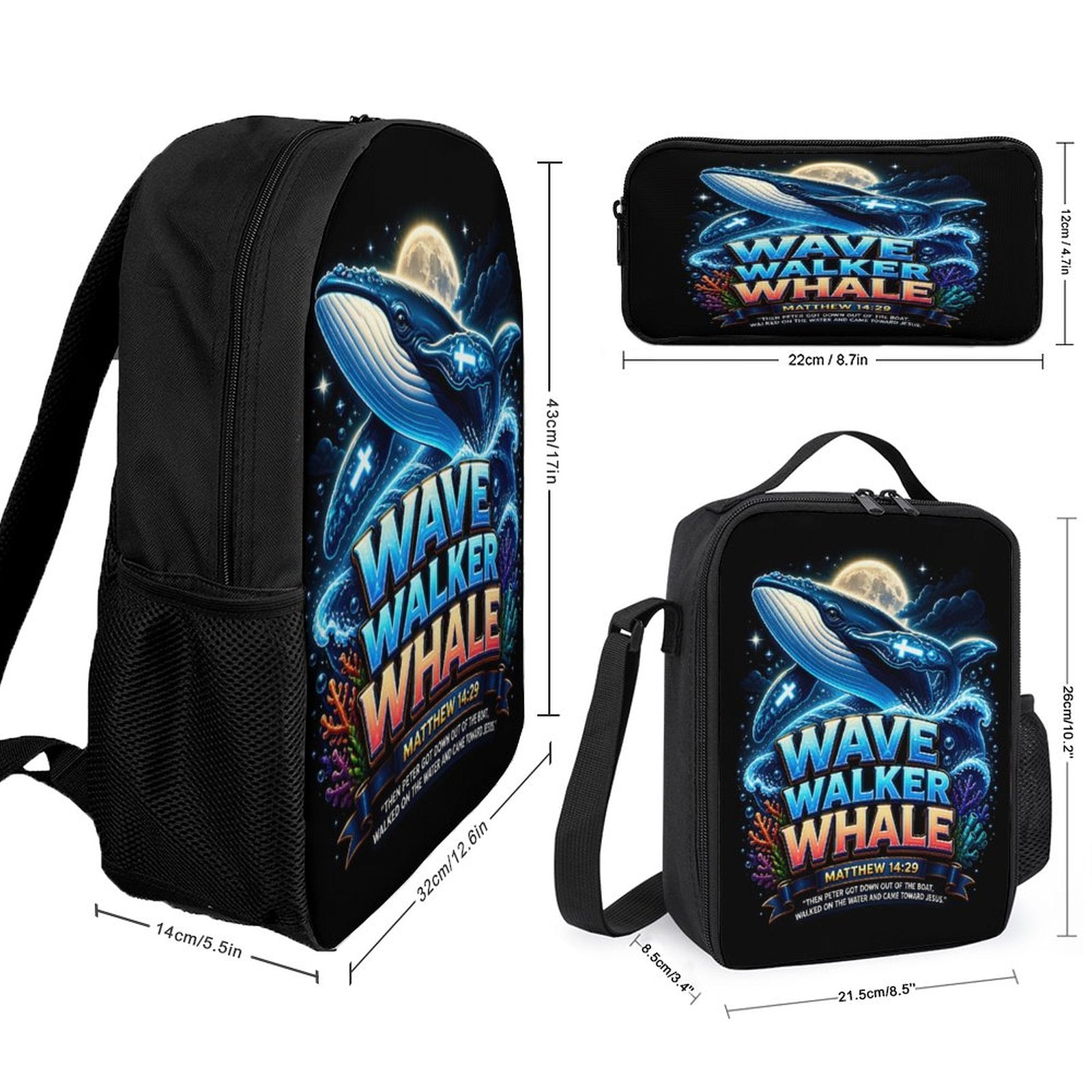 Wave Walker Whale Christian 3 PCS Bag Set (Backpack, Lunch Bag and Pencil Case) - ClaimedbyGodDesigns
