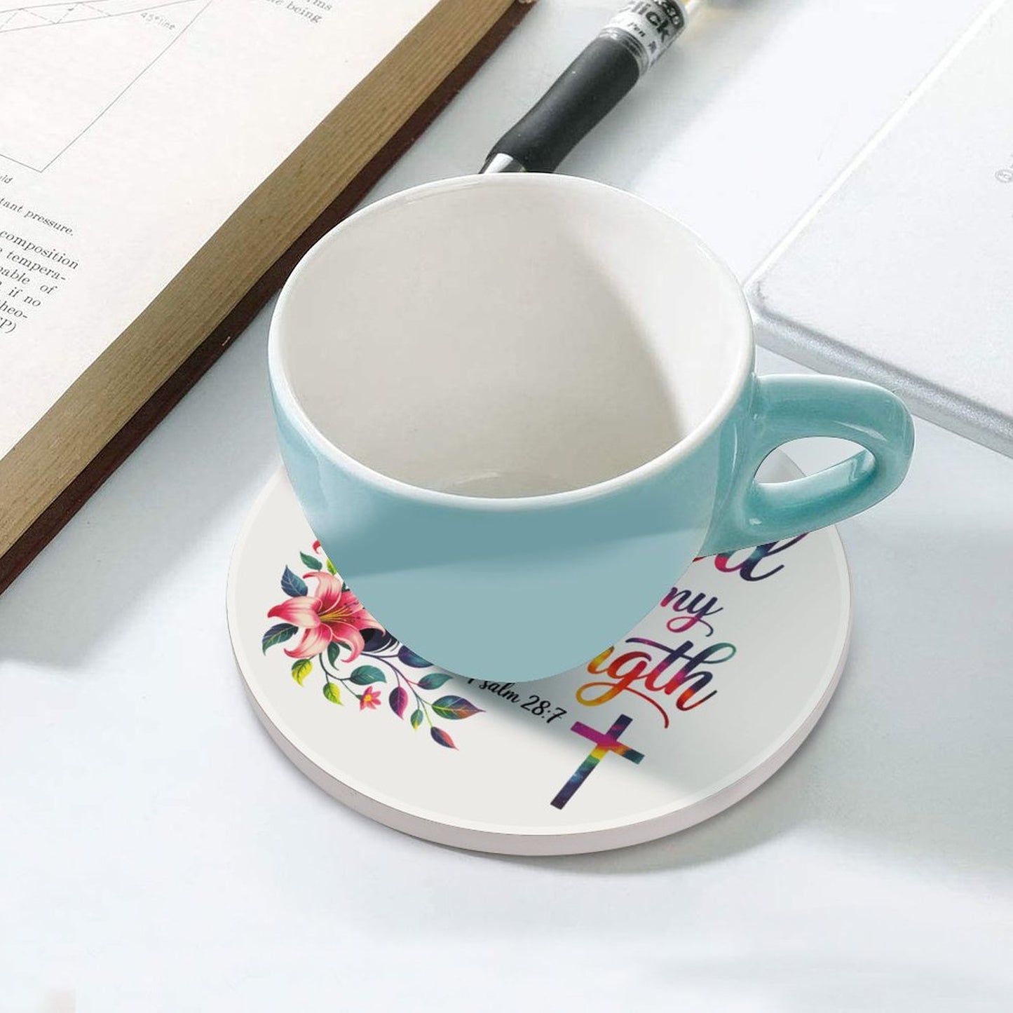 He Is My Strength Christian Round Ceramic Coaster - ClaimedbyGodDesigns